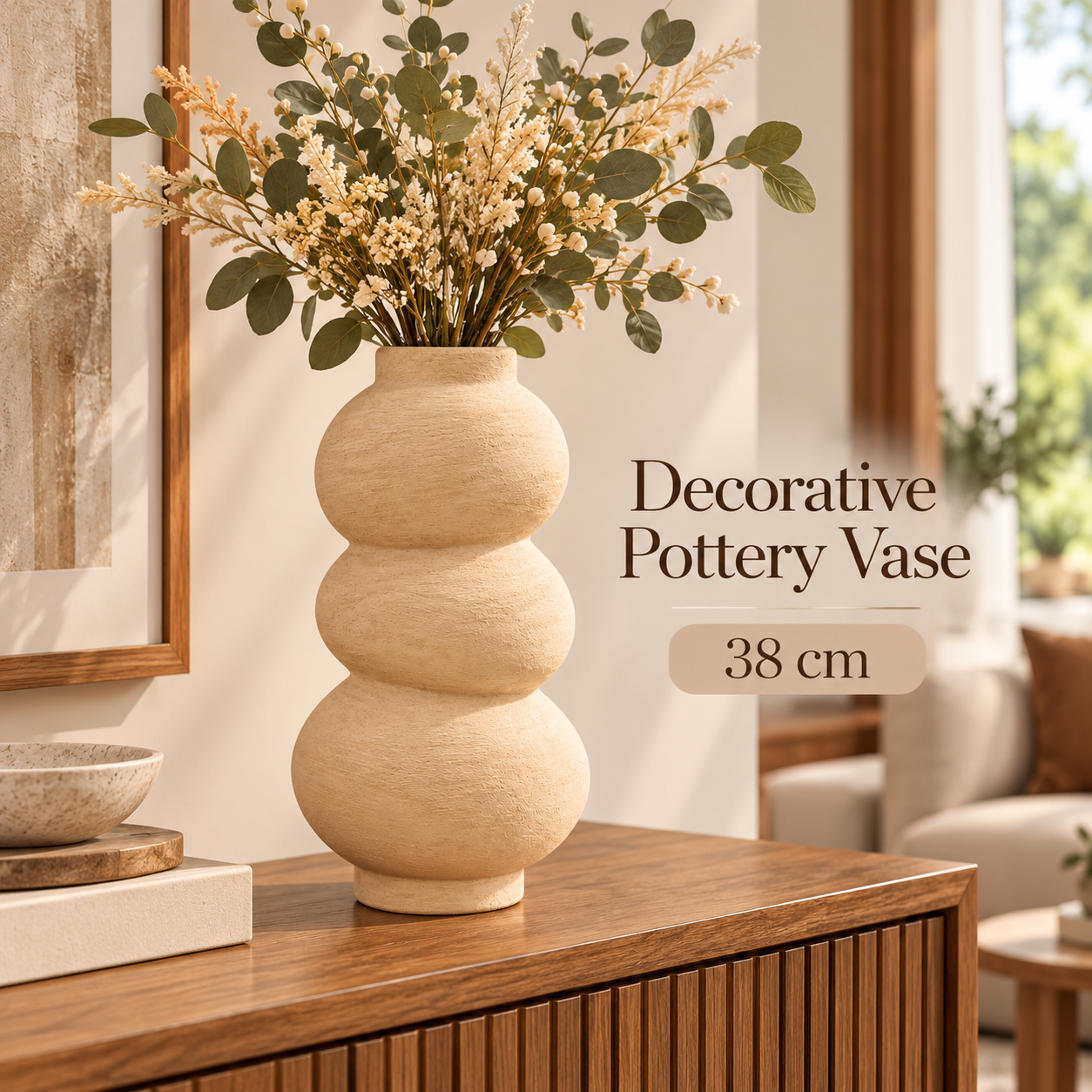 DECORATIVE TEXTURED TRIPLE BUBBLE POTTERY VASE 38 CM