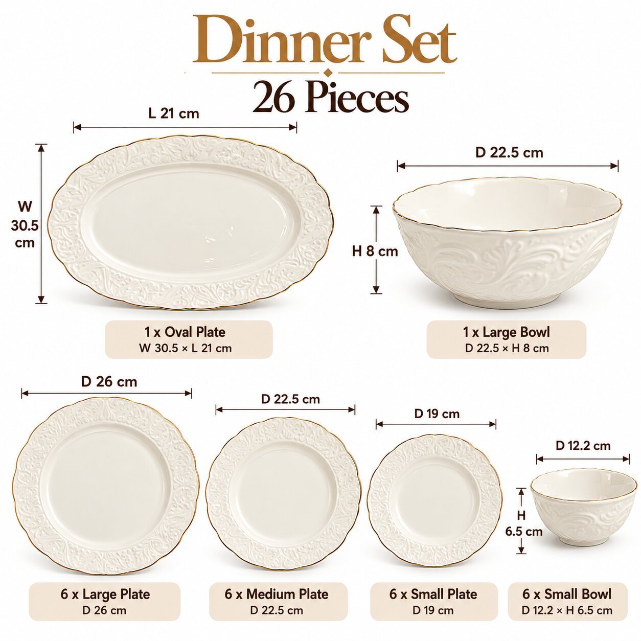 EMBOSSED FLORAL CERAMIC DINNER SET 26 PIECES - Image 2