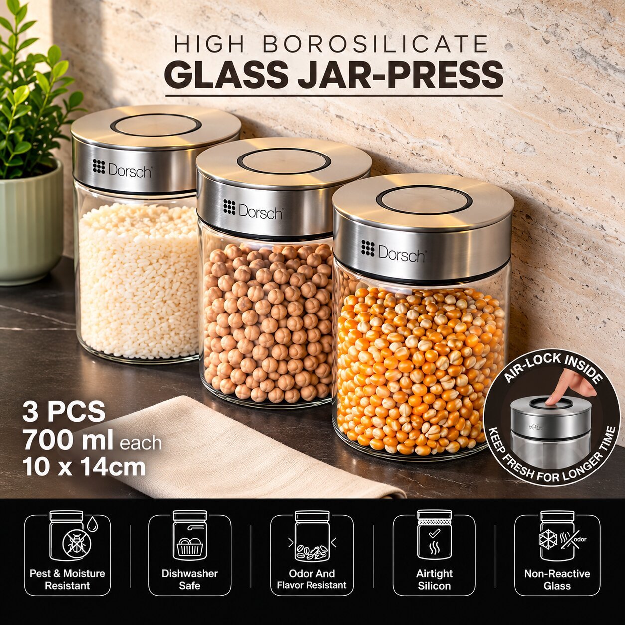 DORSCH BOROSILICATE GLASS 700 ML PRESS-LOCK JARS SET OF 3 - Image 2