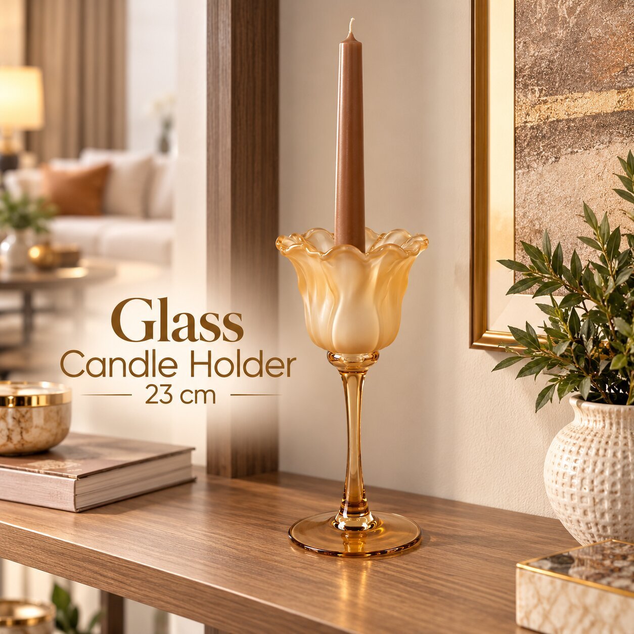 DECORATIVE AMBER GLASS FLORAL CANDLE HOLDER 23 CM