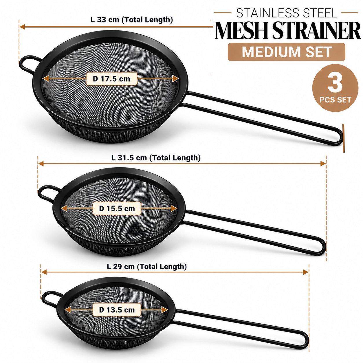 MEDIUM SET 3-PIECE BLACK STAINLESS STEEL MESH STRAINER
