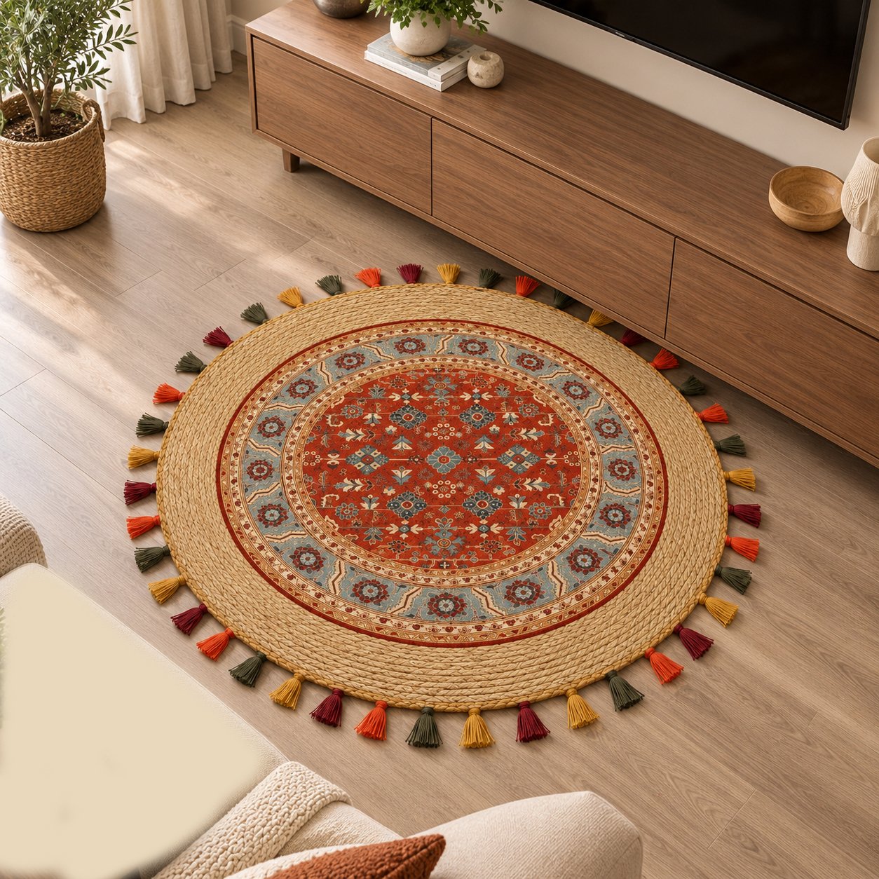 ROUND STRAW & WOVEN FABRIC ORIENTAL RUG 1 M