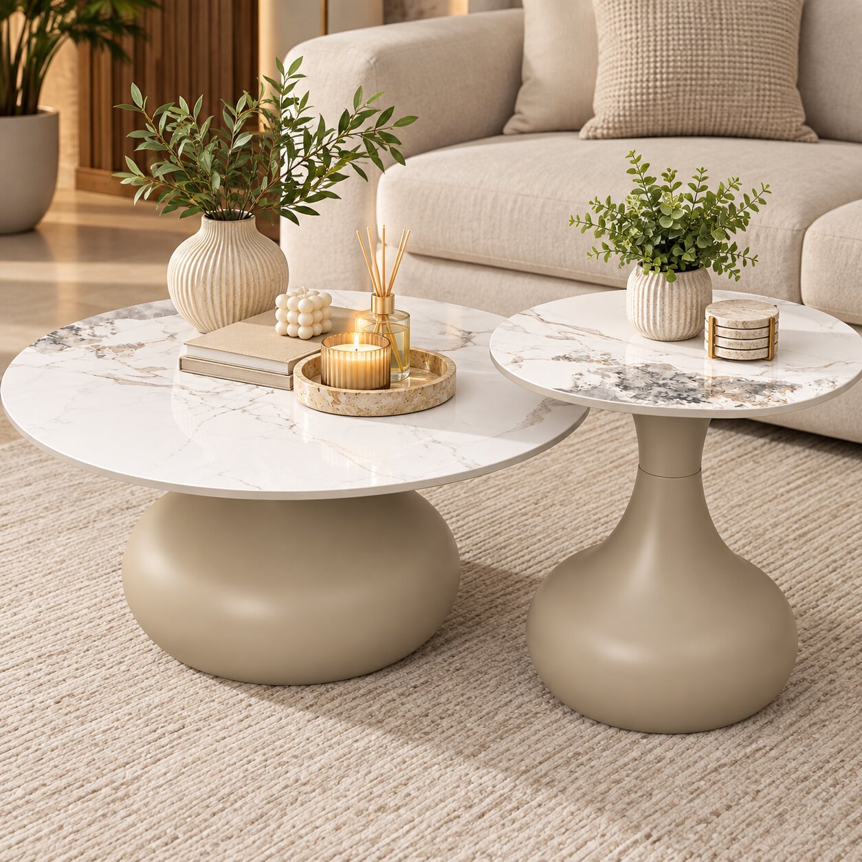 ROUND MARBLE TOP COFFEE TABLE SET GOLD 2 PCS