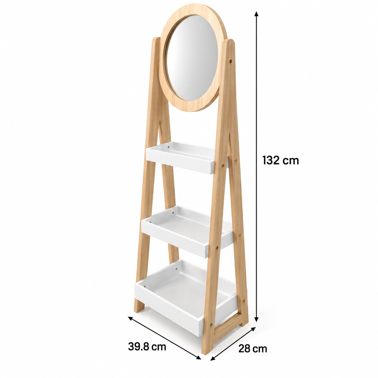 3-TIER WOOD STAND WITH OVAL MIRROR 132 CM