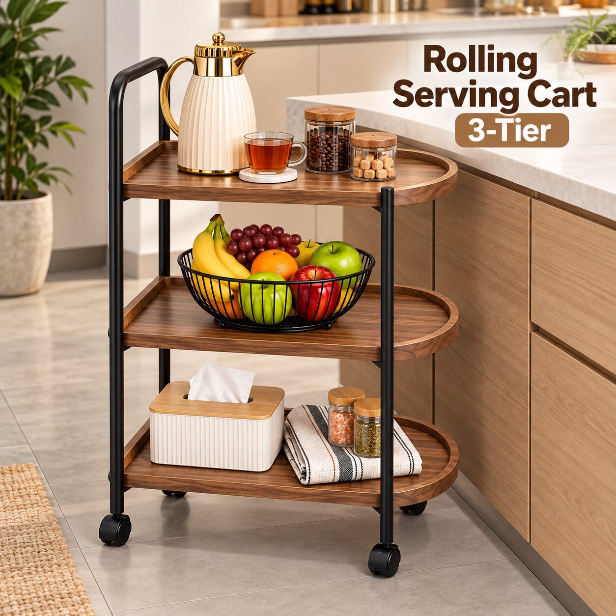 3-TIER WOODEN ROLLING SERVING CART WITH WHEELS
