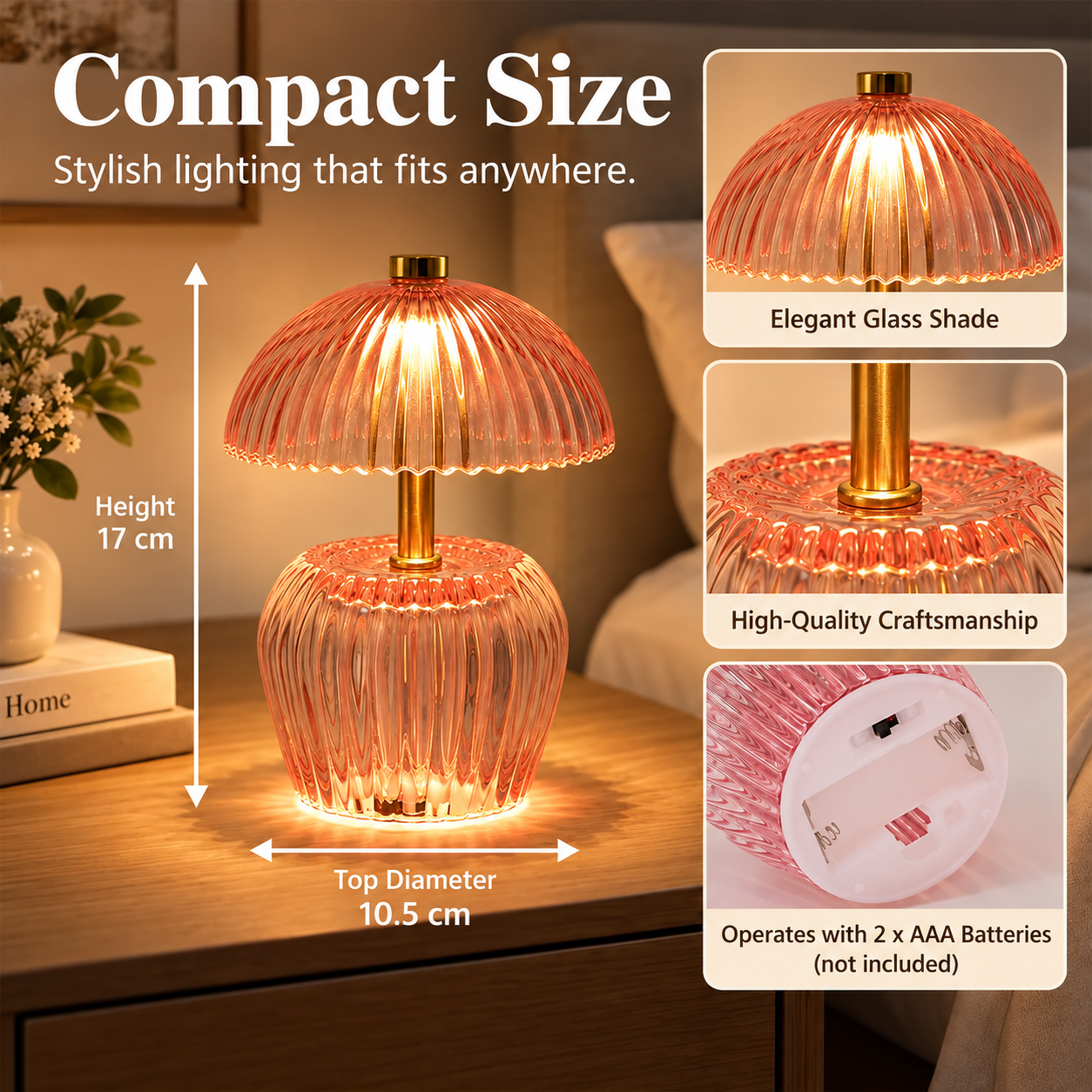 MINI MUSHROOM GLASS LED TABLE LAMP BATTERY POWERED - Image 2
