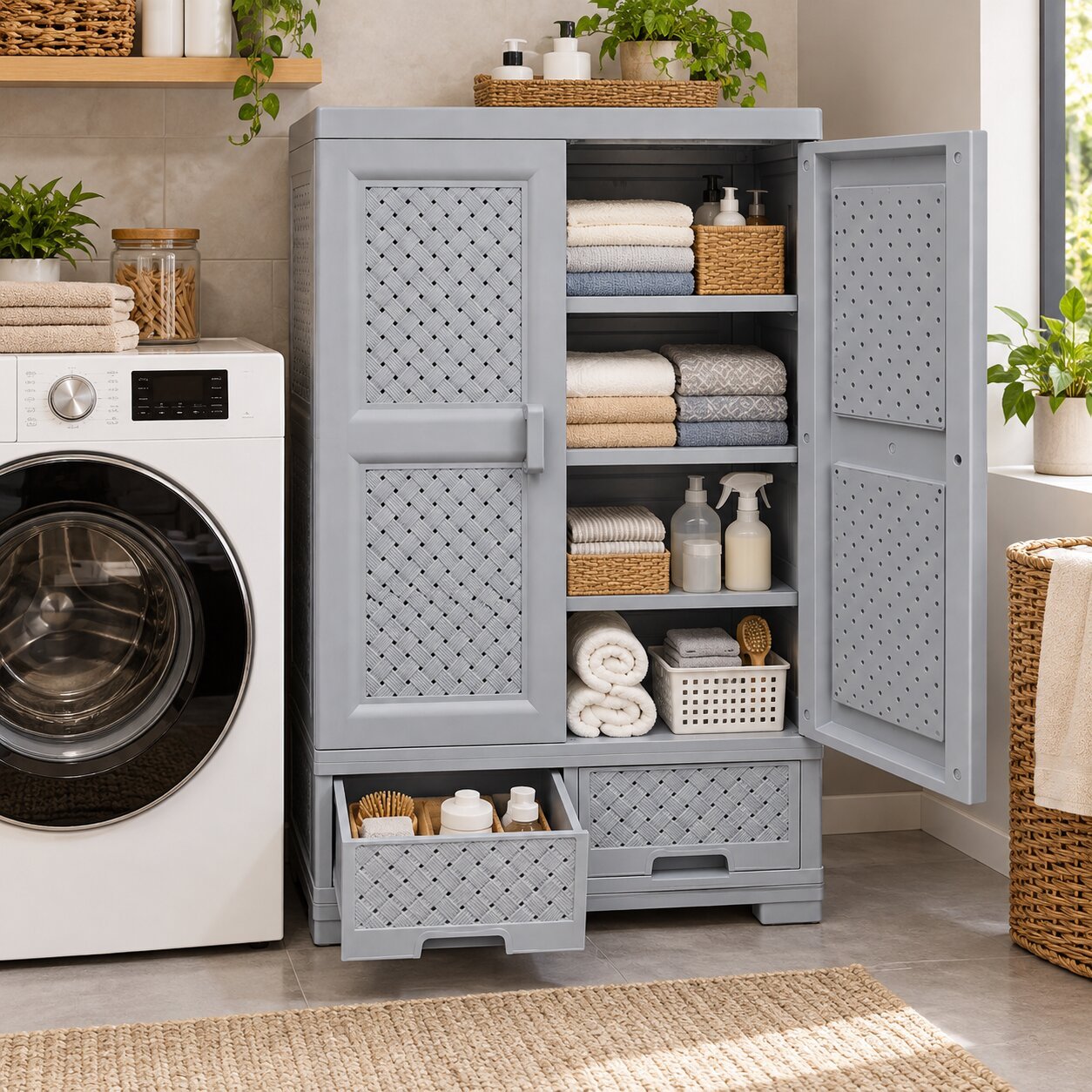 GREY PLASTIC STORAGE CABINET WITH 2 DRAWERS