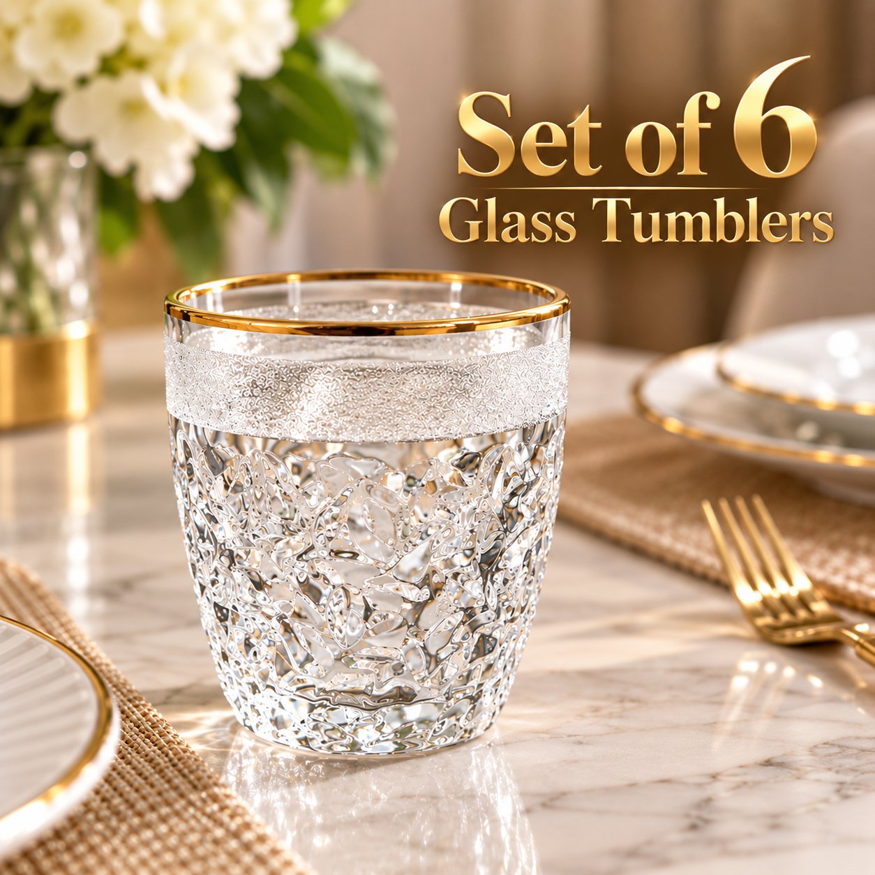 6-PIECE TEXTURED GLASS TUMBLERS WITH GOLD RIM