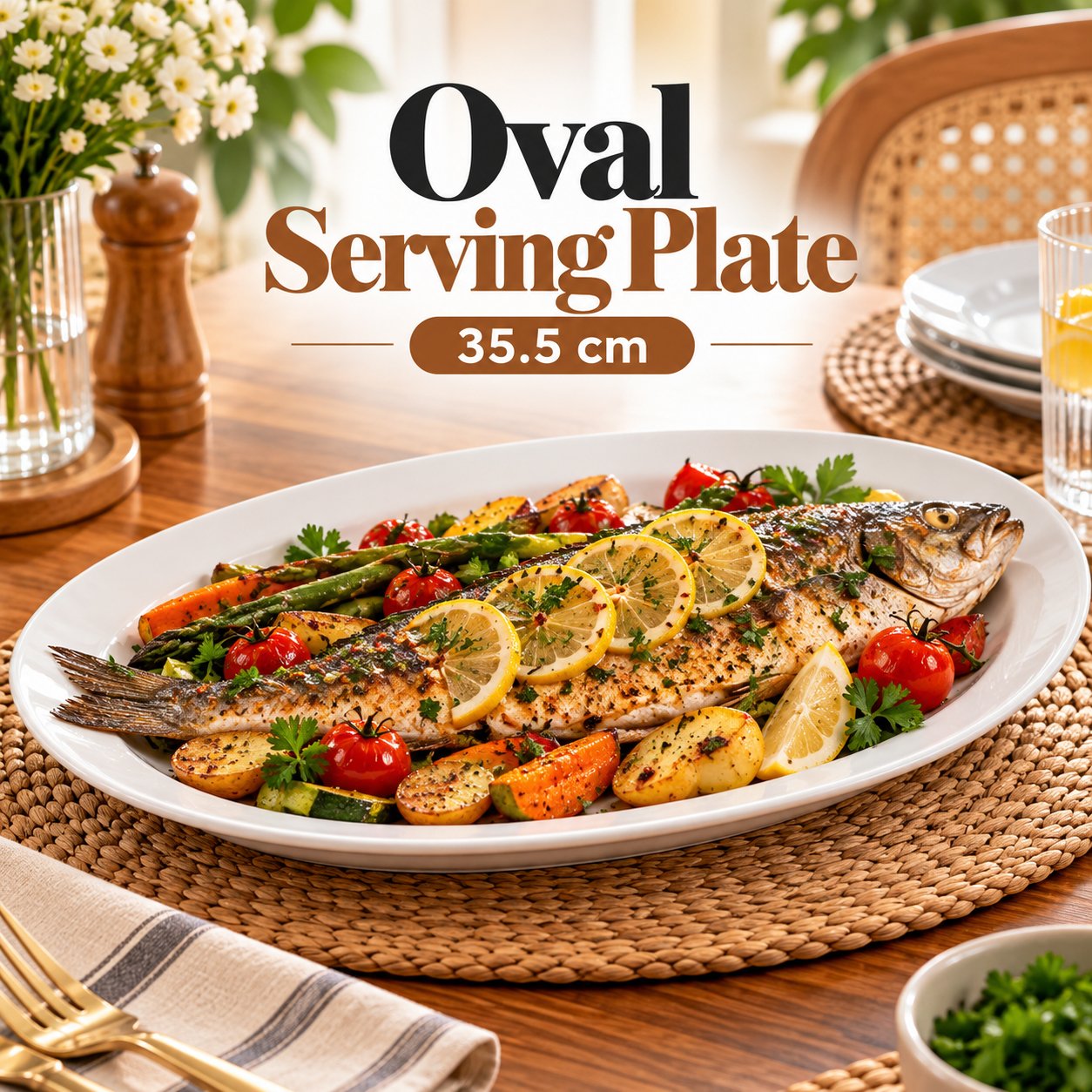WHITE OVAL CERAMIC SERVING PLATE 35.5 CM – GLOSSY