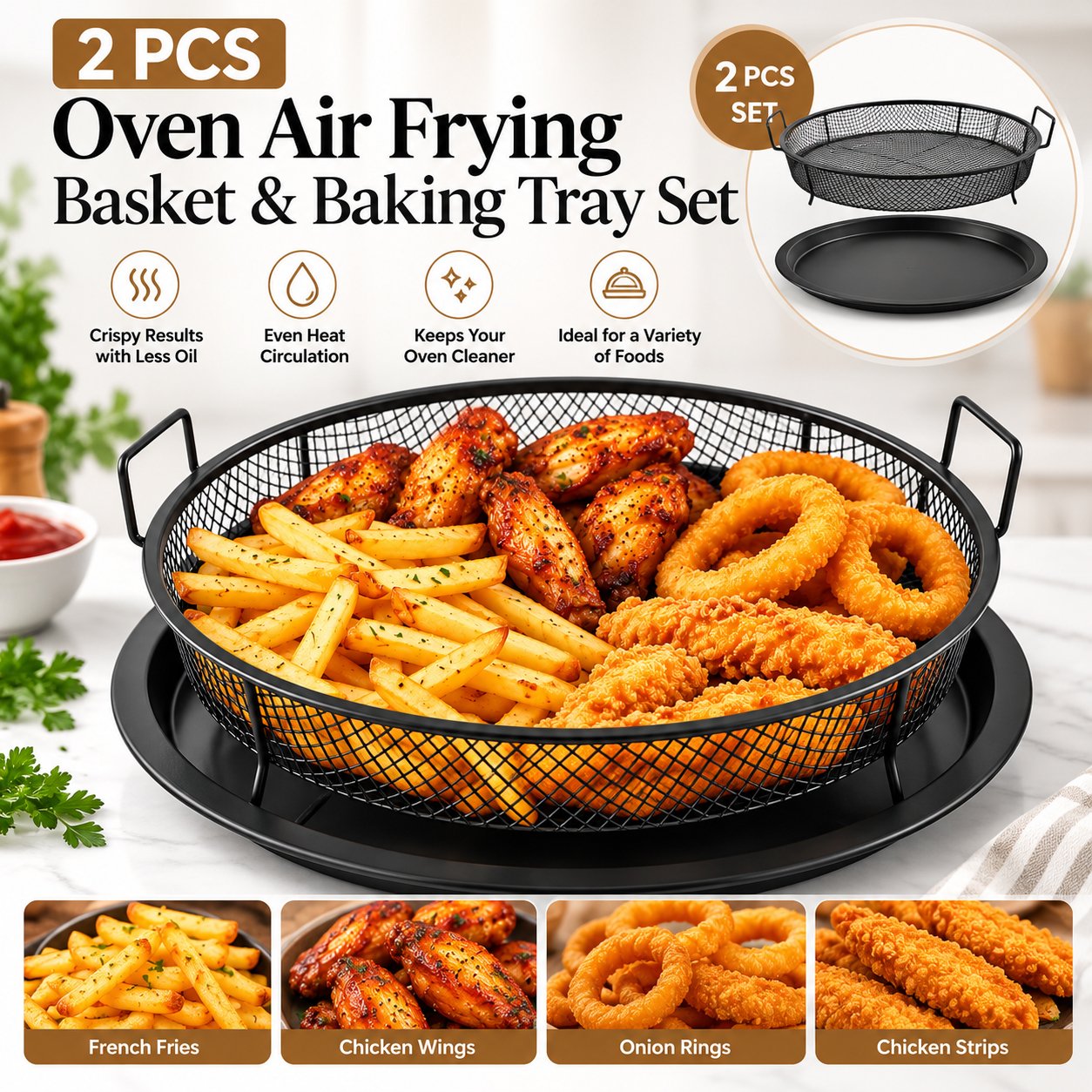 OVEN AIR FRYING BASKET & BAKING TRAY SET 2 PCS - BLACK - Image 1