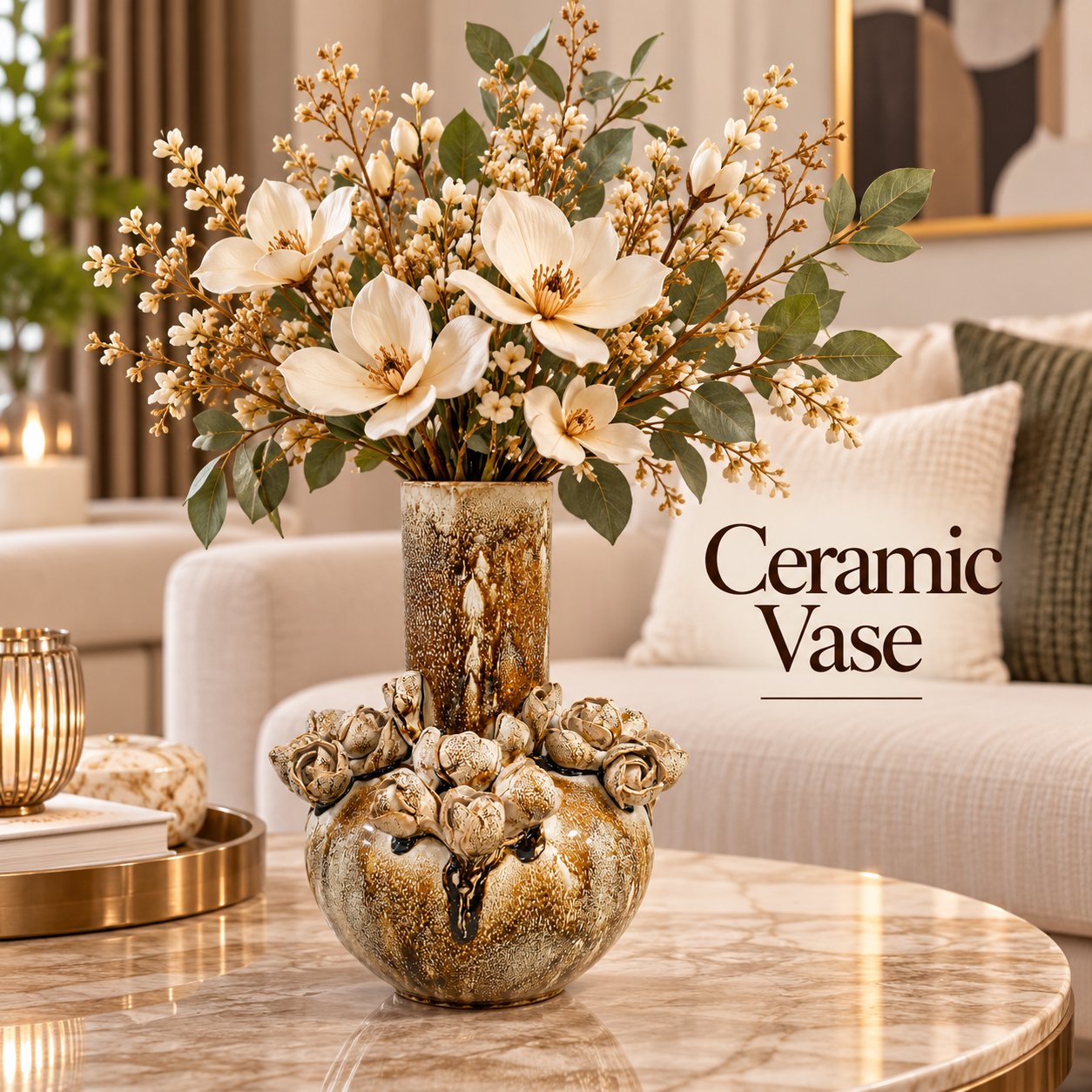 DECORATIVE CERAMIC VASE WITH ROSE DESIGN 28 CM
