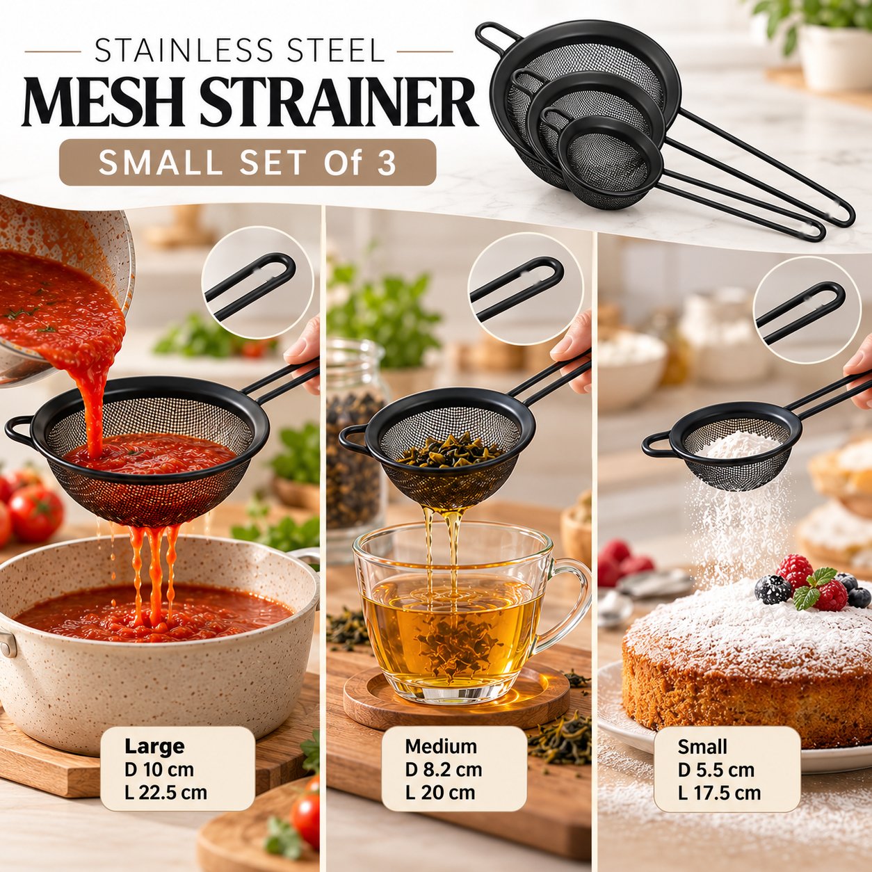 SMALL SET 3-PIECE BLACK STAINLESS STEEL MESH STRAINER