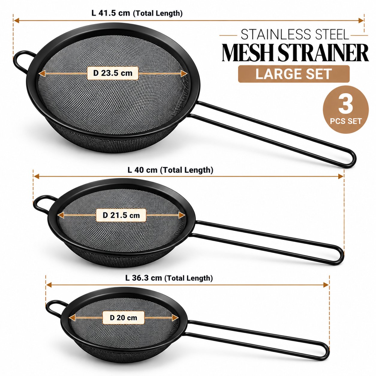 3-Piece Black Stainless Steel Mesh Strainer