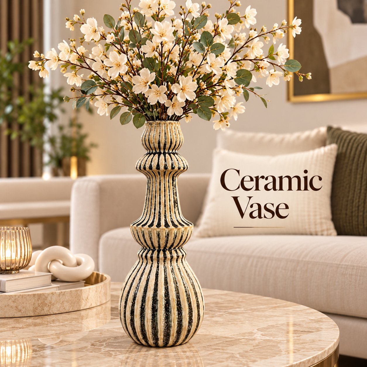 DECORATIVE TALL RIBBED CERAMIC VASE 41.3 CM