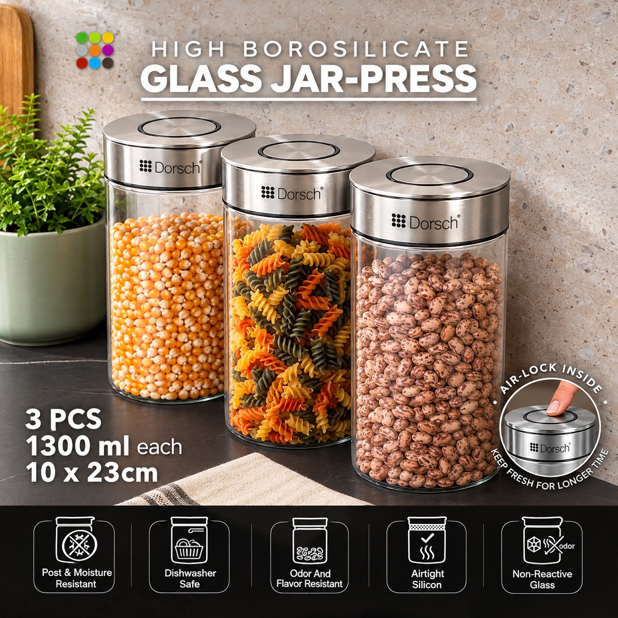 DORSCH BOROSILICATE GLASS 1300 ML PRESS-LOCK JARS SET OF 3