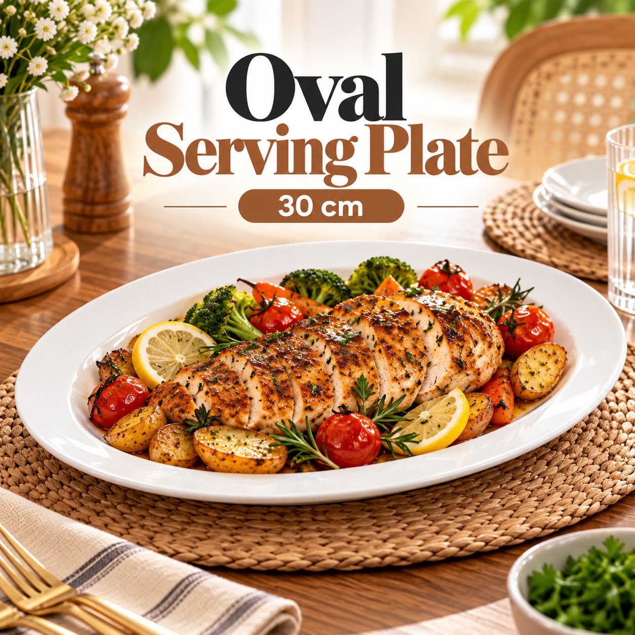 WHITE OVAL CERAMIC SERVING PLATE 30CM – GLOSSY