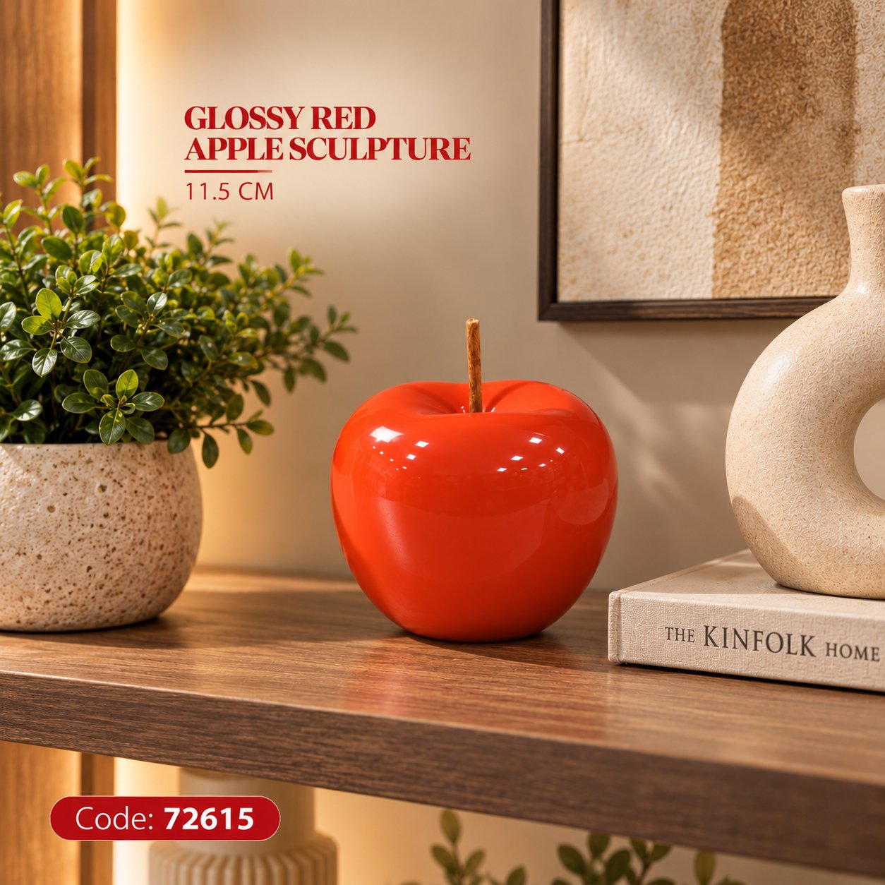 DECORATIVE GLOSSY RED CERAMIC APPLE SCULPTURE 11.5 CM