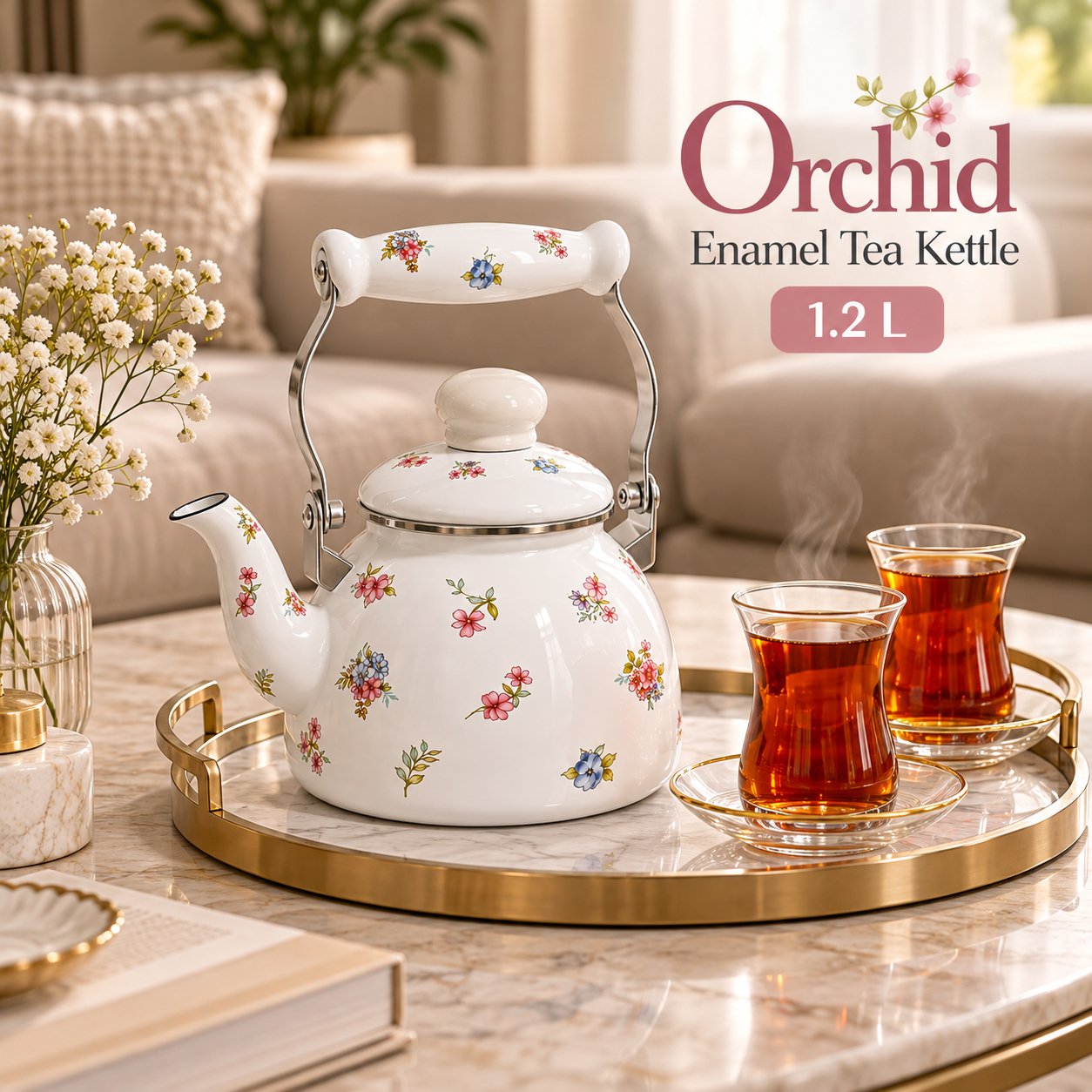 ORCHID FLORAL ENAMEL TEA KETTLE WITH LID 1.2 L