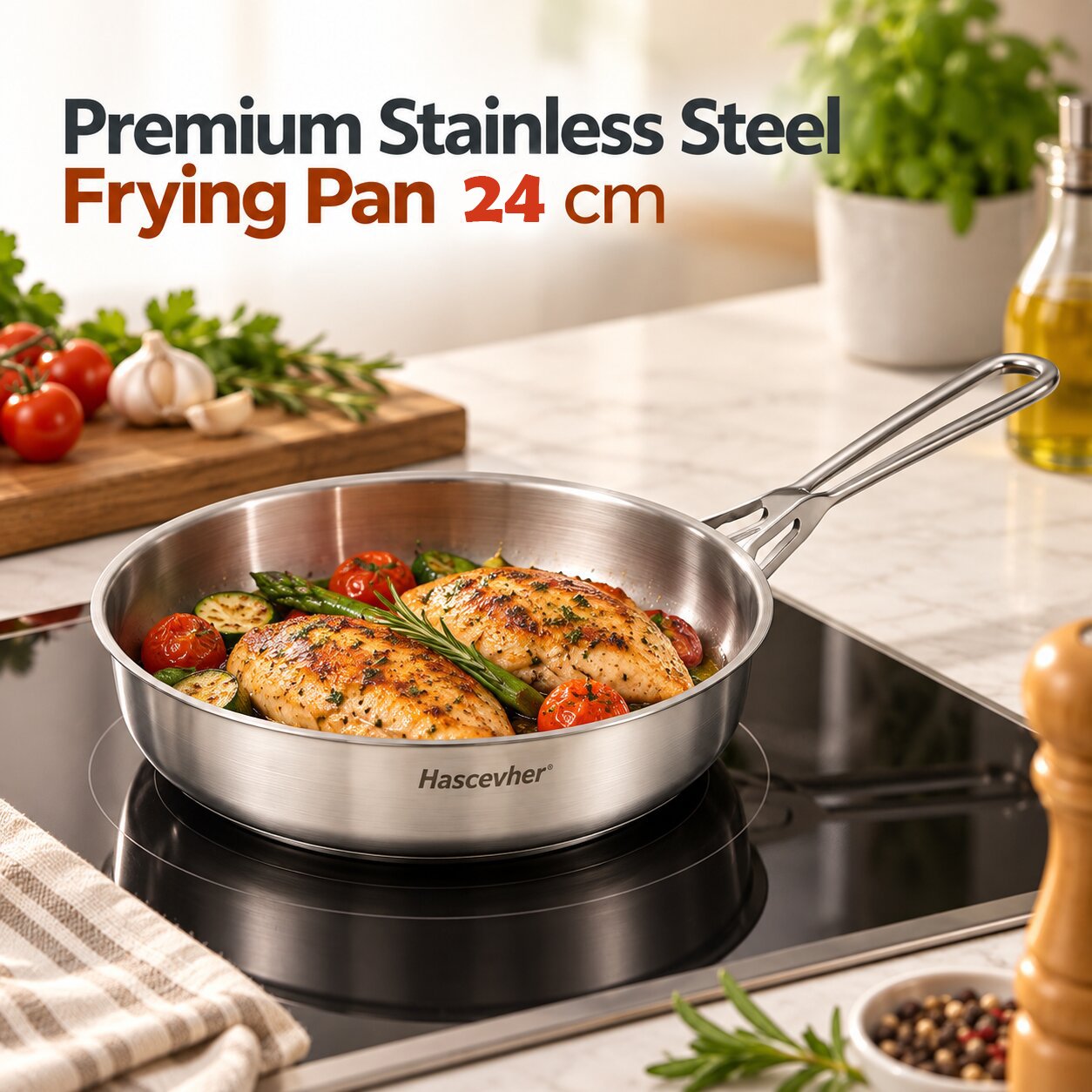 PREMIUM STAINLESS STEEL FRYING PAN 24 CM SILVER