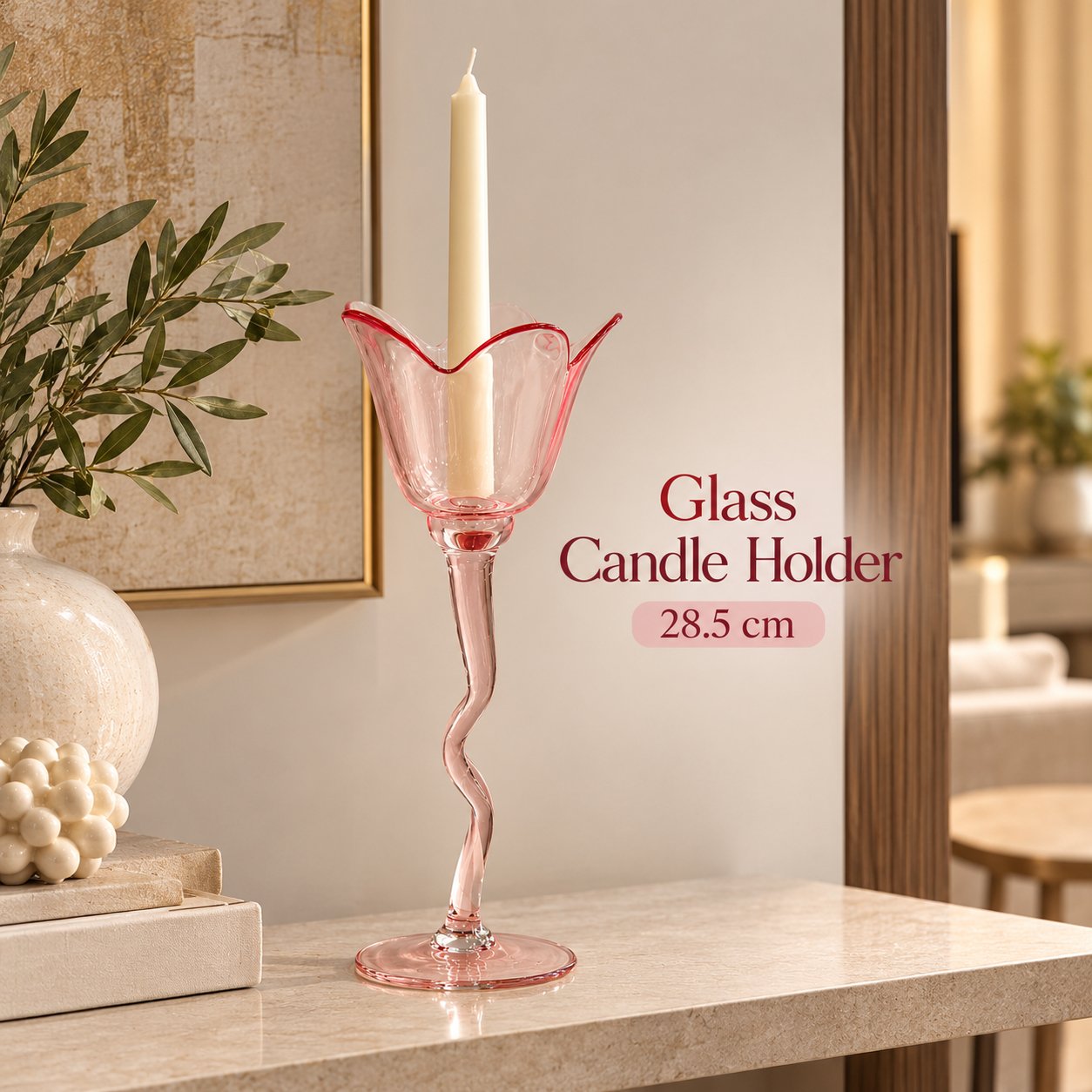 LIGHT PINK GLASS CANDLE HOLDER 28.5 CM