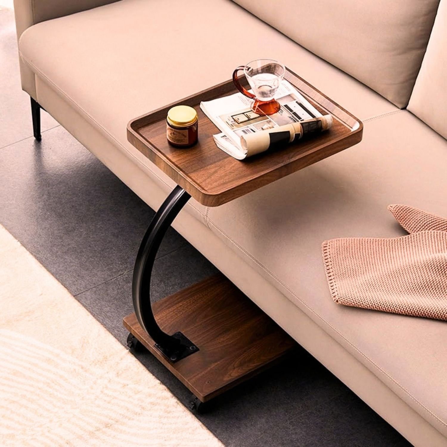 RECTANGULAR C-SHAPED SIDE TABLE WITH 4 WHEELS - Image 3