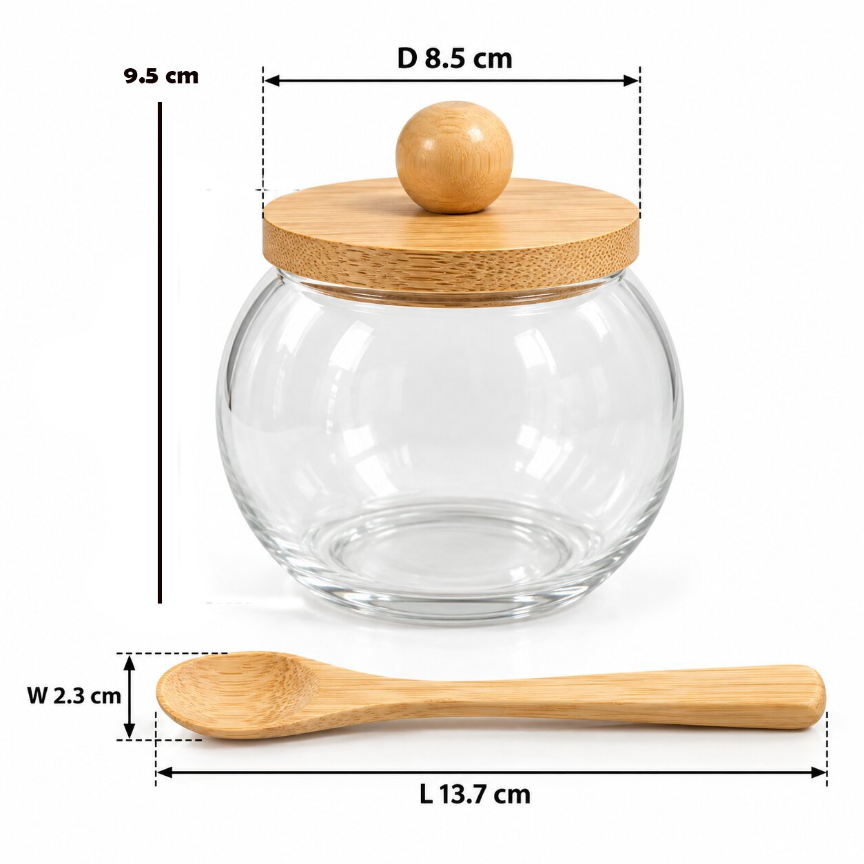 GLASS SUGAR BOWL WITH WOODEN LID & SPOON SET - Image 2