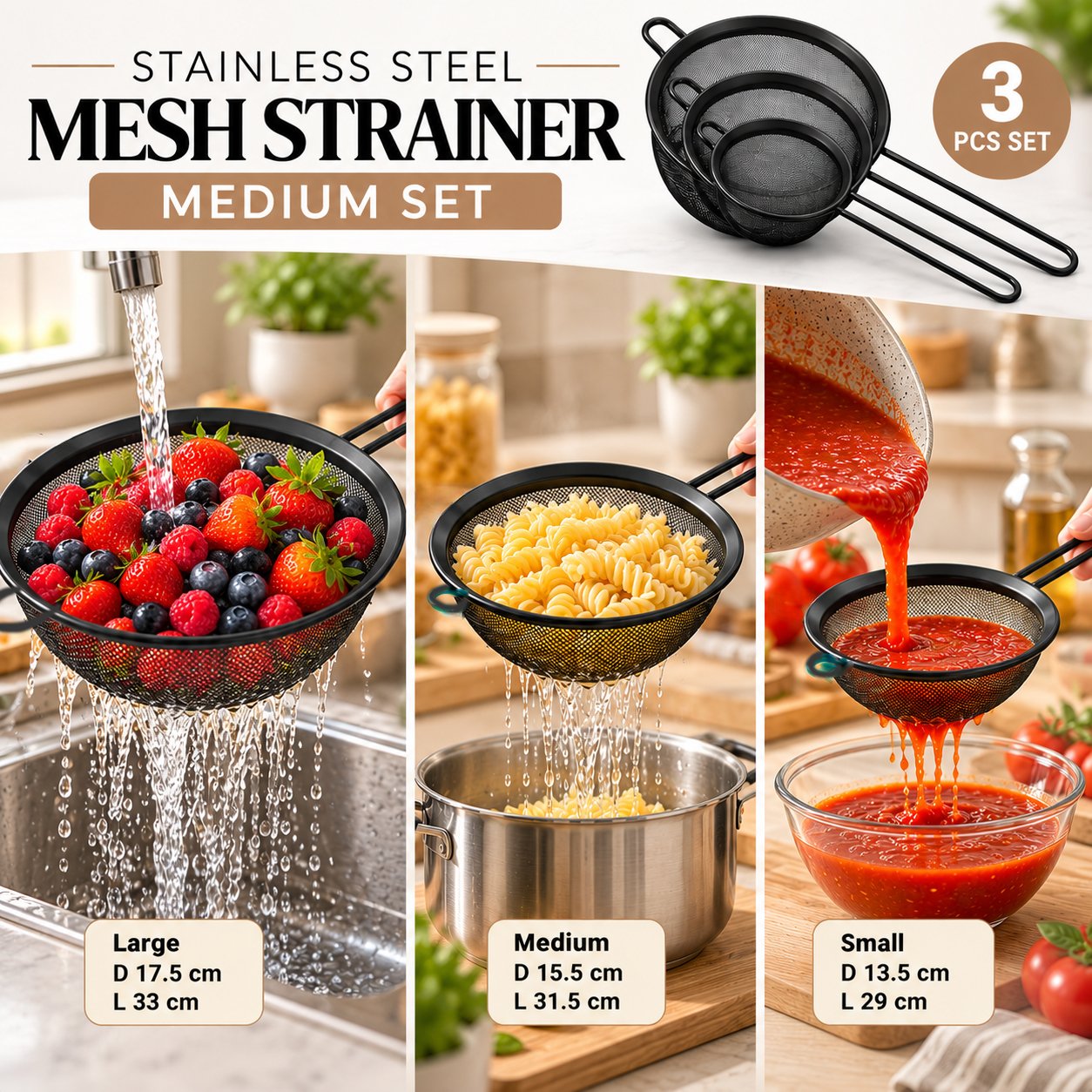MEDIUM SET 3-PIECE BLACK STAINLESS STEEL MESH STRAINER - Image 2
