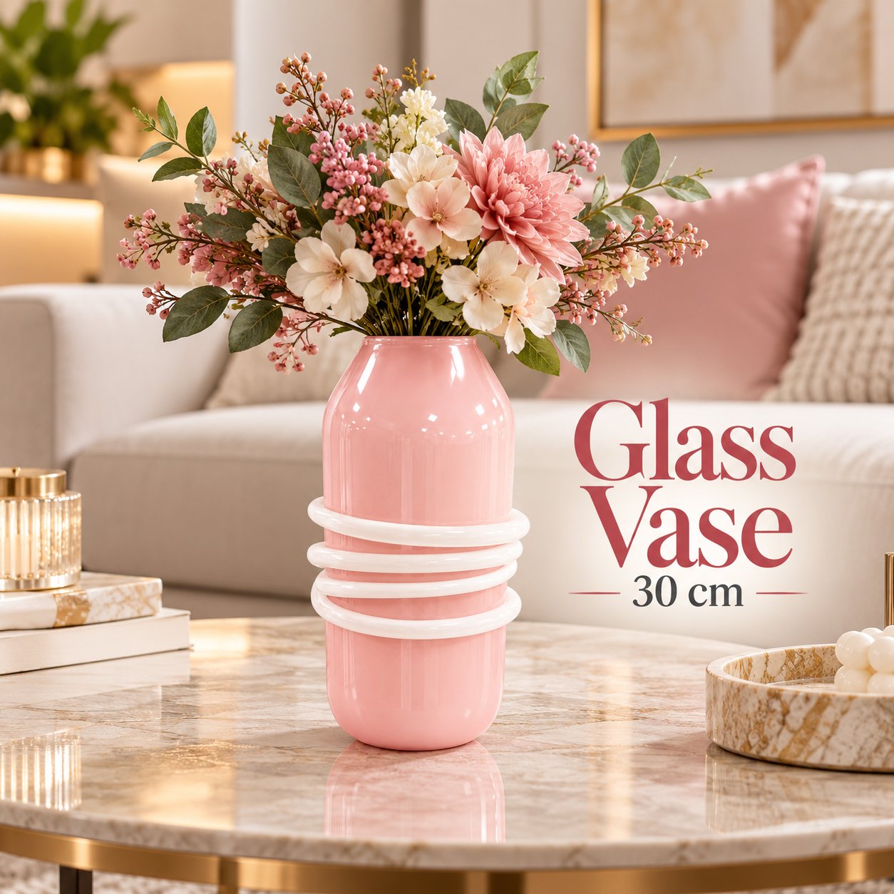 LIGHT PINK GLASS VASE WITH SPIRAL ROPE 30 CM