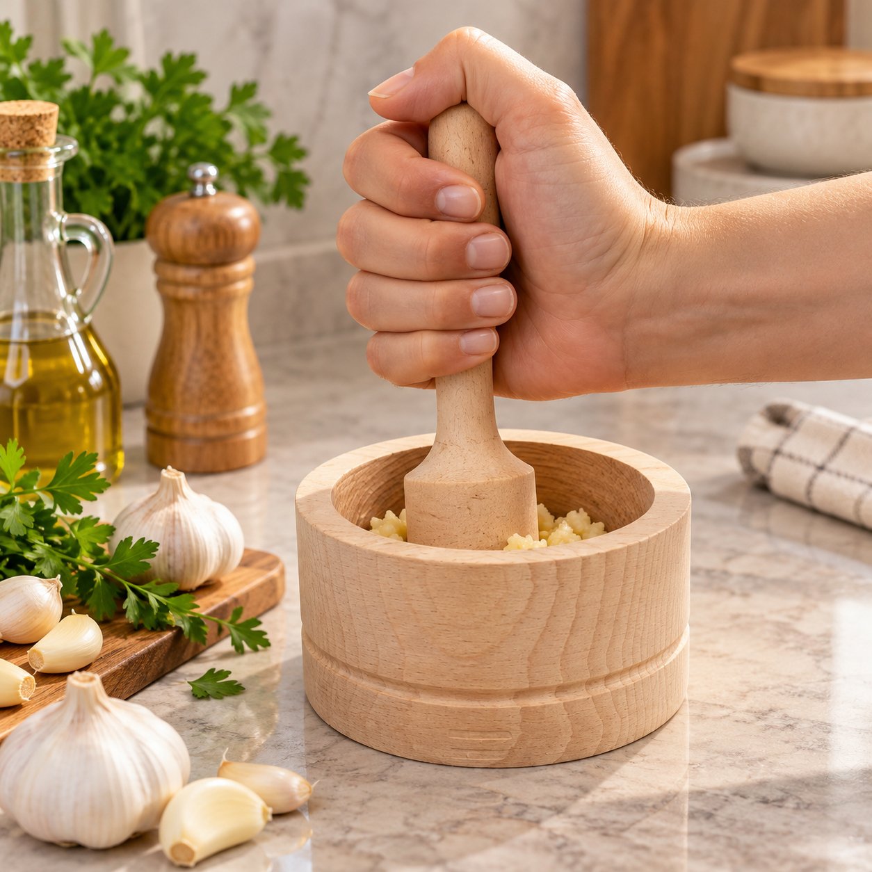 NATURAL WOODEN MORTAR AND PESTLE SET MEDIUM