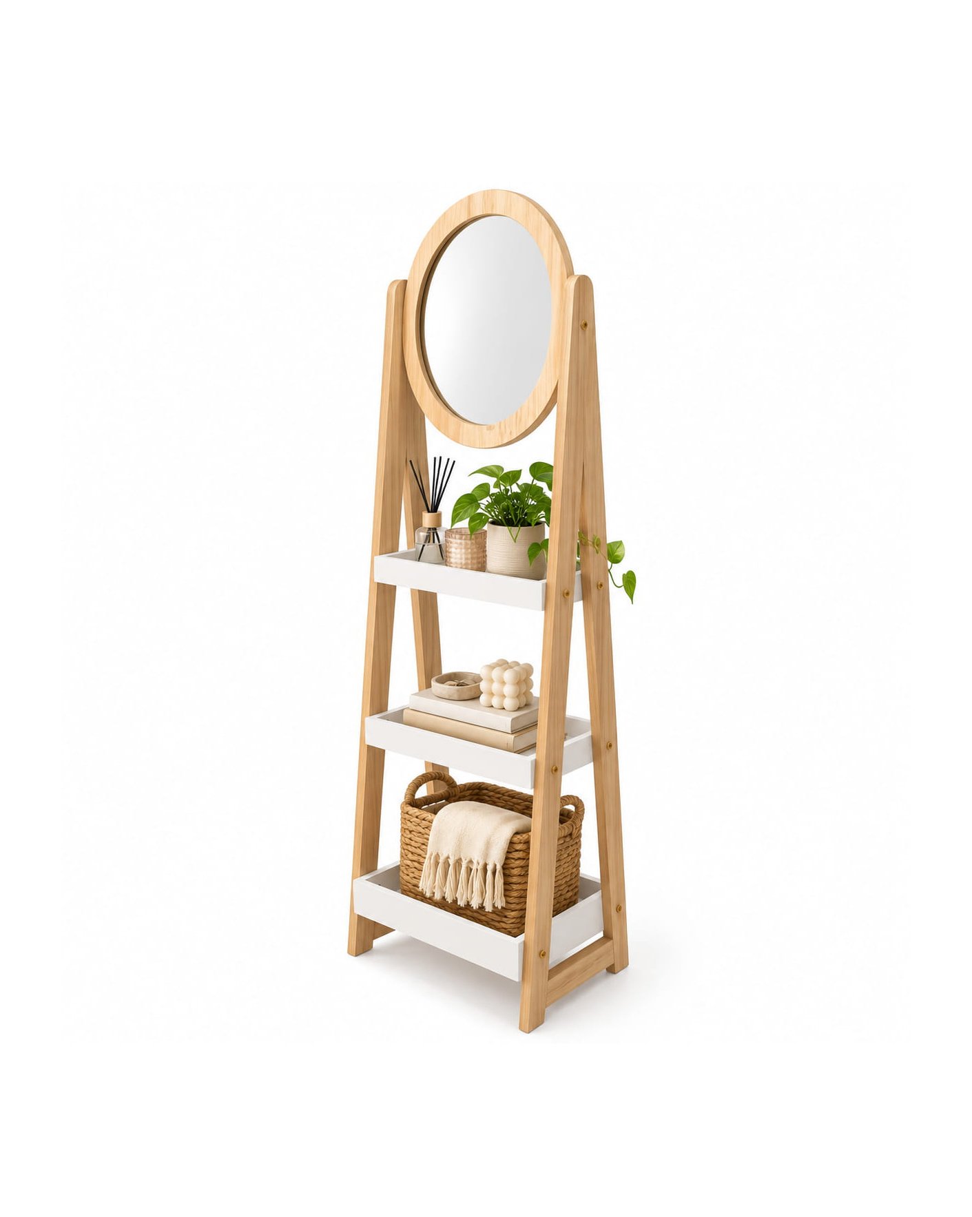 3-TIER WOOD STAND WITH OVAL MIRROR 132 CM