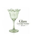 DECORATIVE GREEN GLASS FLORAL CANDLE HOLDER 20 CM