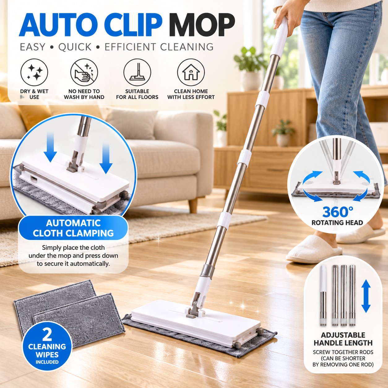 AUTO CLIP FLAT MOP WITH 2 REUSABLE CLEANING WIPES