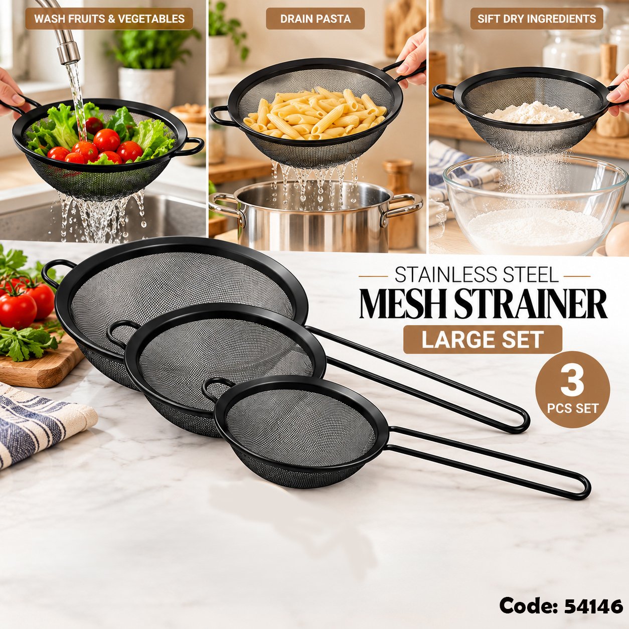 LARGE SET 3-PIECE BLACK STAINLESS STEEL MESH STRAINER - Image 2