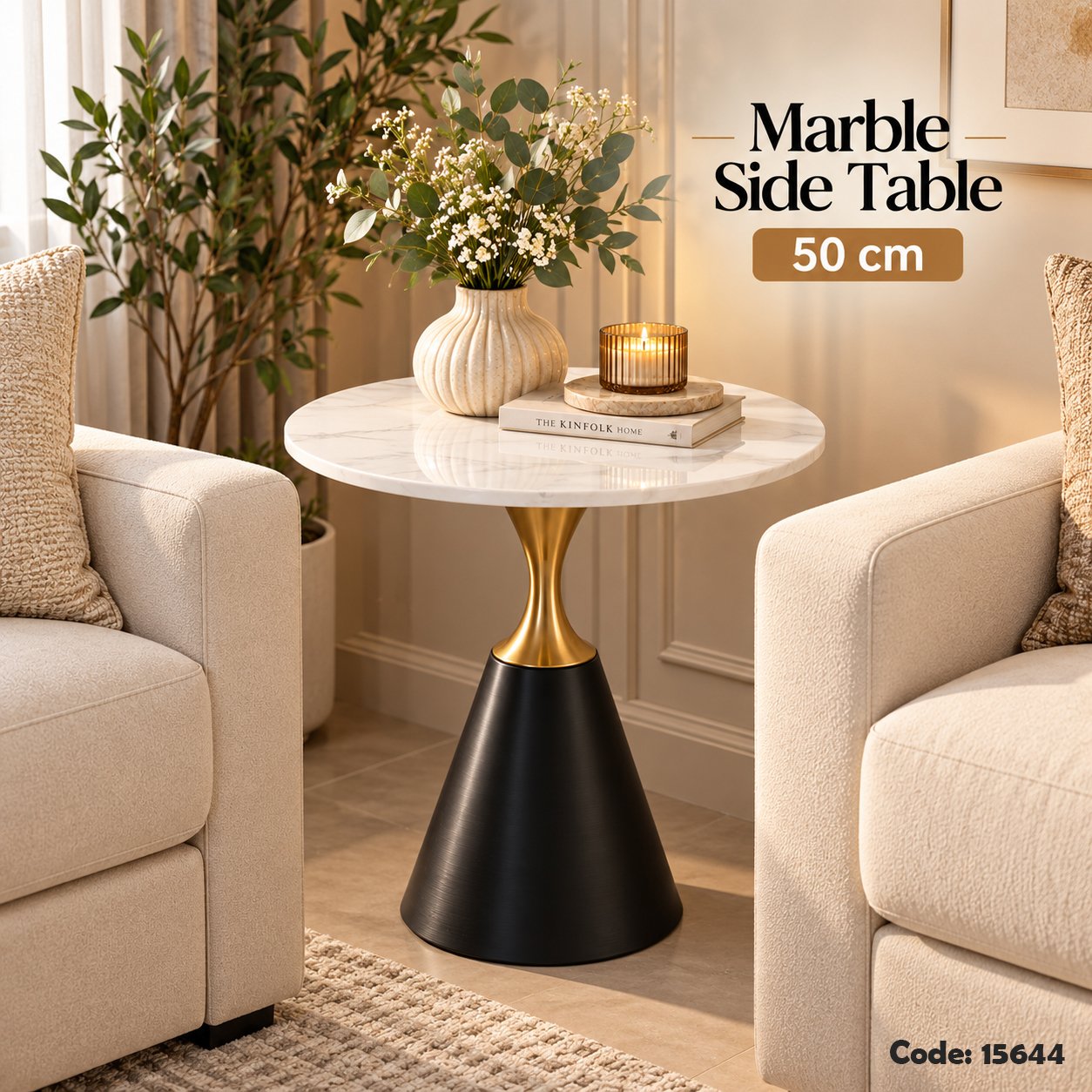 ROUND WHITE MARBLE SIDE TABLE WITH METAL BASE