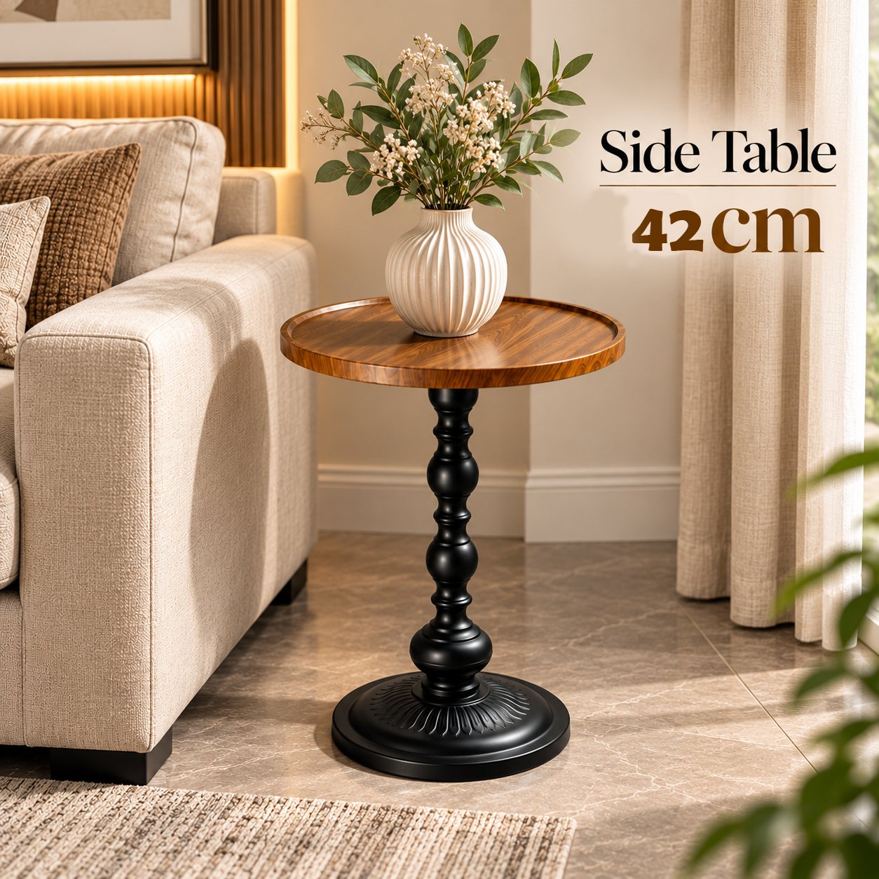 VINTAGE ROUND WOOD SIDE TABLE WITH METAL BASE 42CM