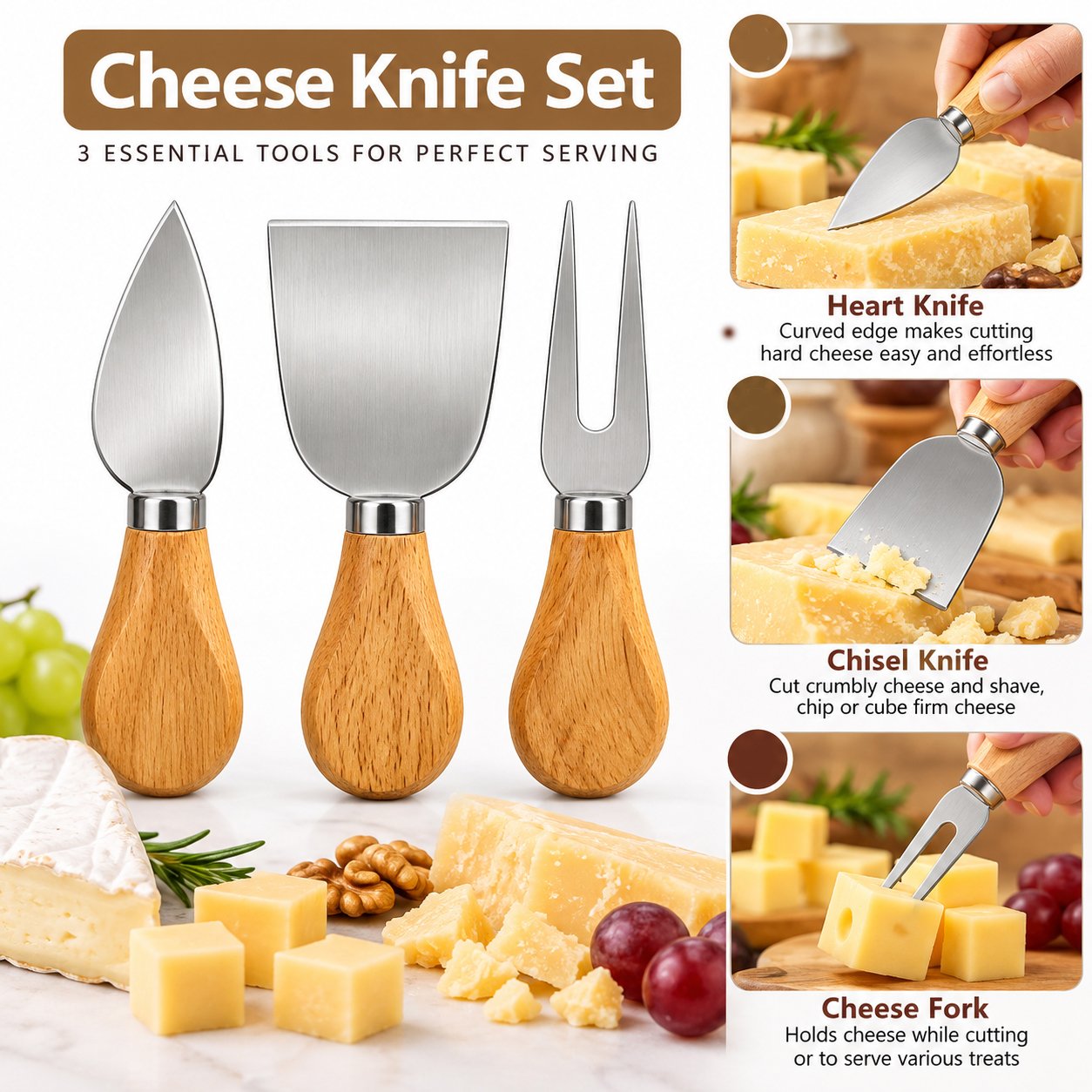 CHEESE SERVING UTENSILS 3-PIECE STAINLESS STEEL