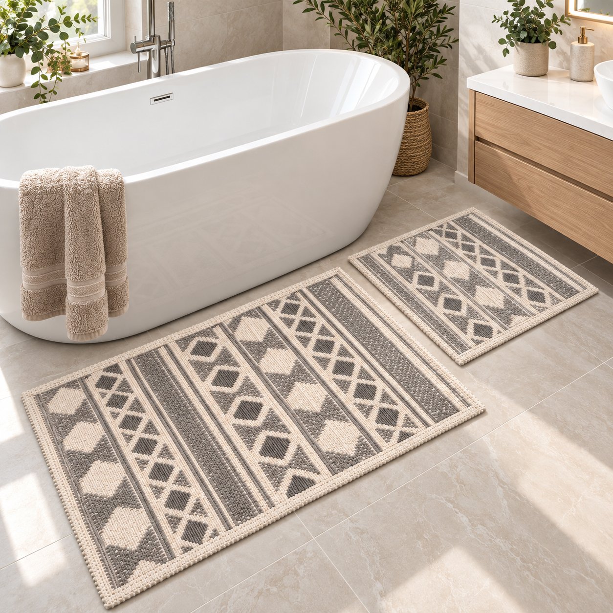 GEOMETRIC BATHMAT SET 2 PCS GREY & WHITE