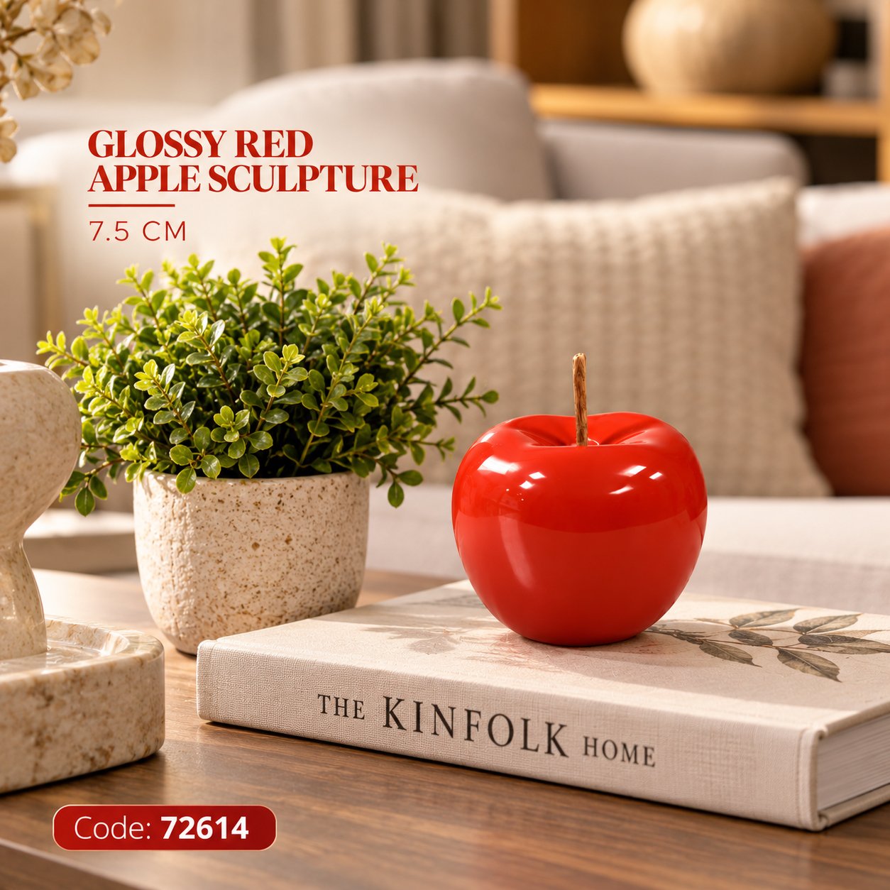 DECORATIVE GLOSSY RED CERAMIC APPLE SCULPTURE 7.5 CM