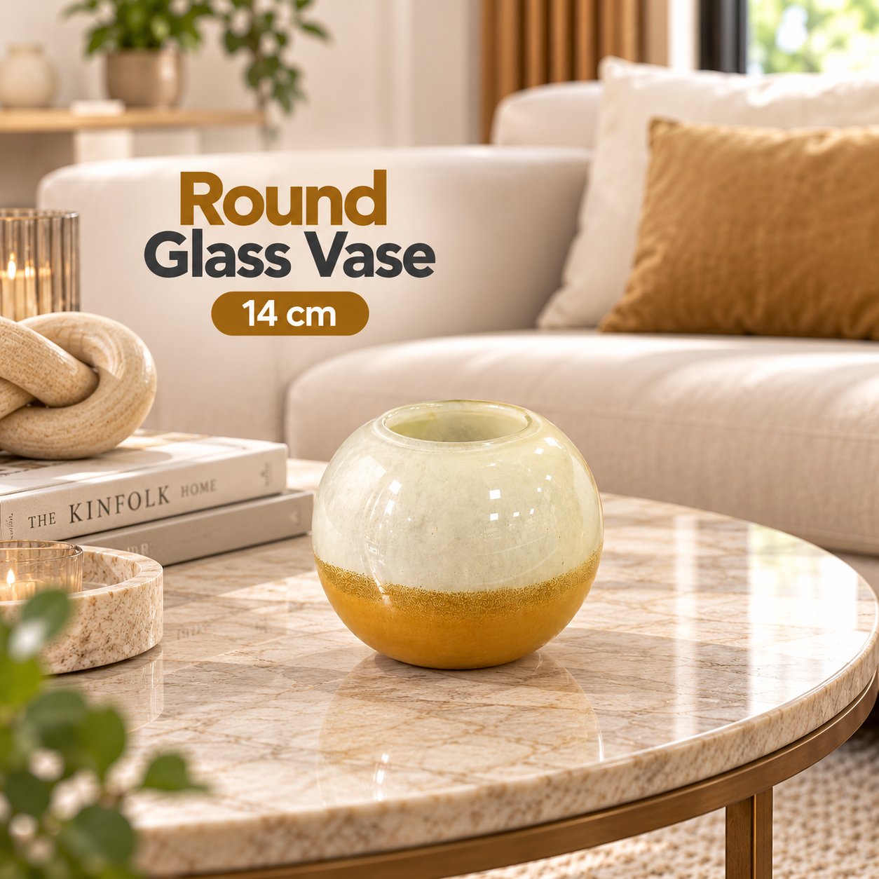 DECORATIVE ROUND GLASS VASE WITH GOLD FINISH 14 CM