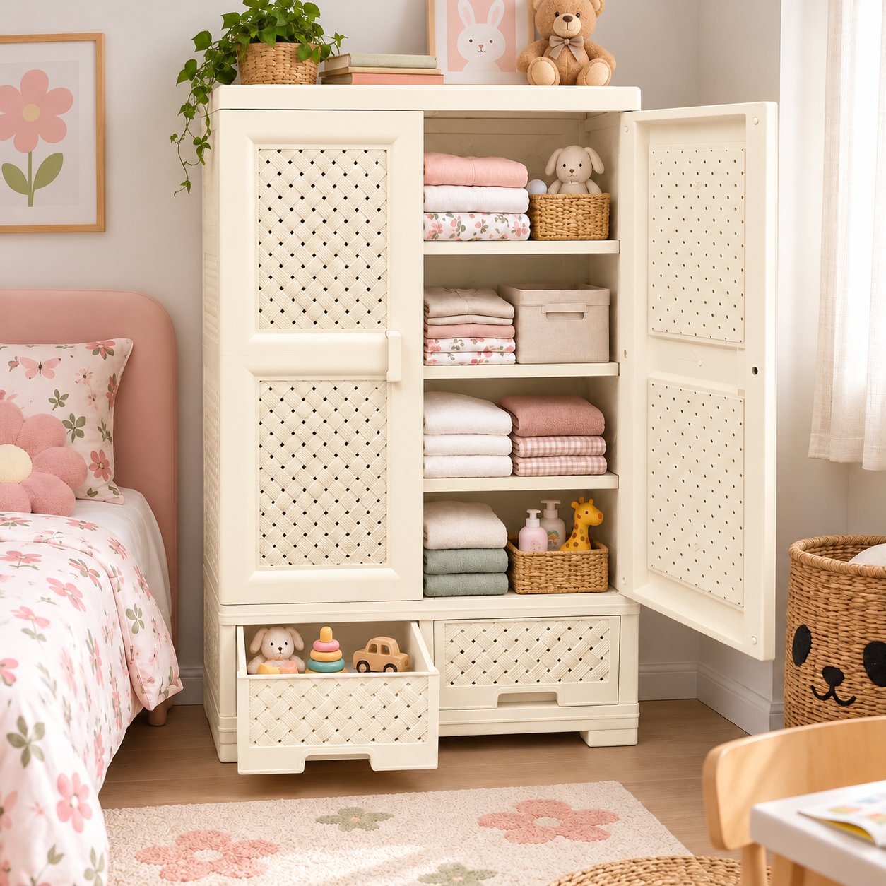 CREAM PLASTIC STORAGE CABINET WITH 2 DRAWERS - Image 2