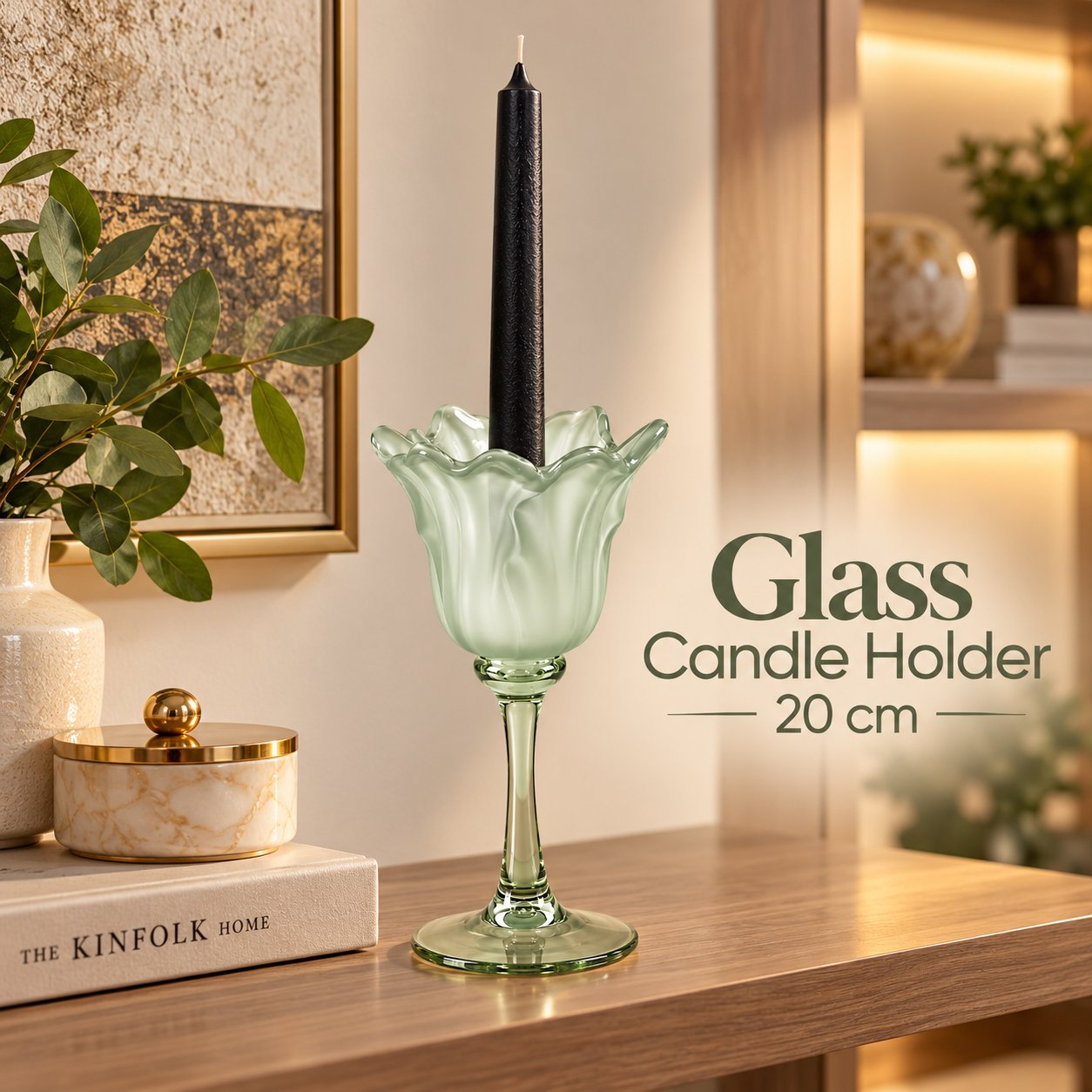 DECORATIVE GREEN GLASS FLORAL CANDLE HOLDER 20 CM