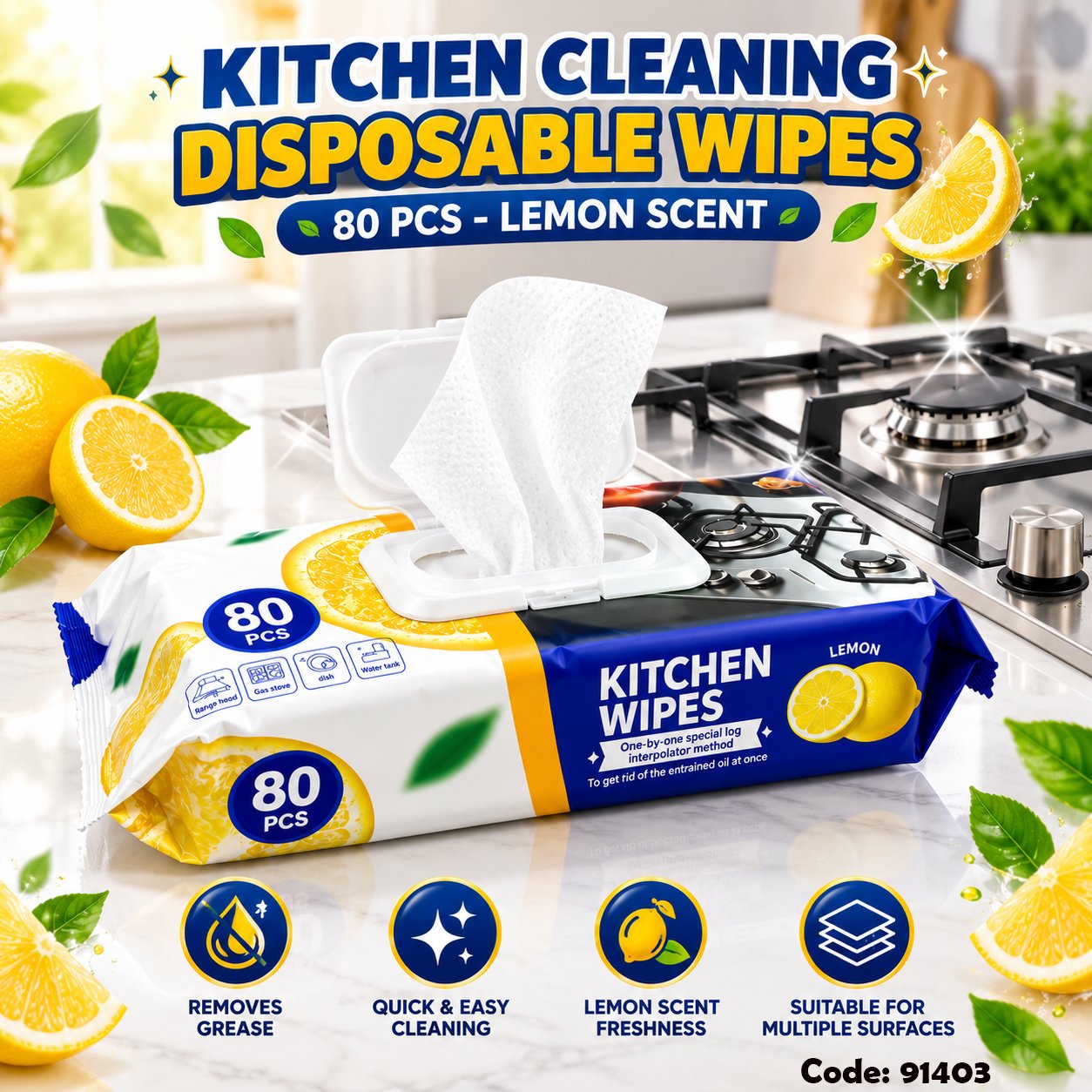 KITCHEN CLEANING DISPOSABLE WIPES 80 PCS - LEMON SCENT - Image 3