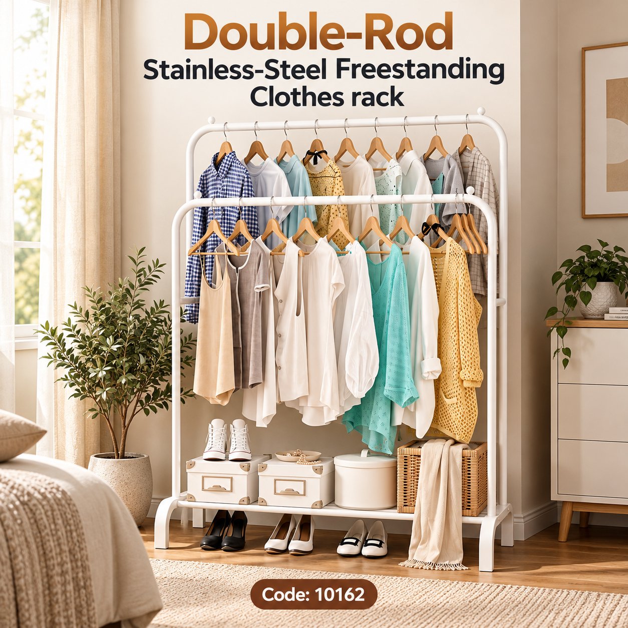 DOUBLE-ROD FREESTANDINIG CLOTHES RACK WHITE