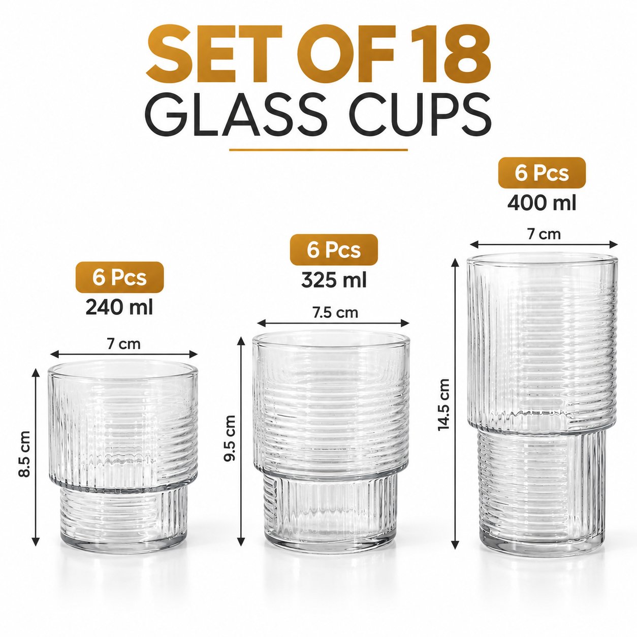 HELEN 18-PIECE RIBBED GLASS CUP SET 3 SIZES