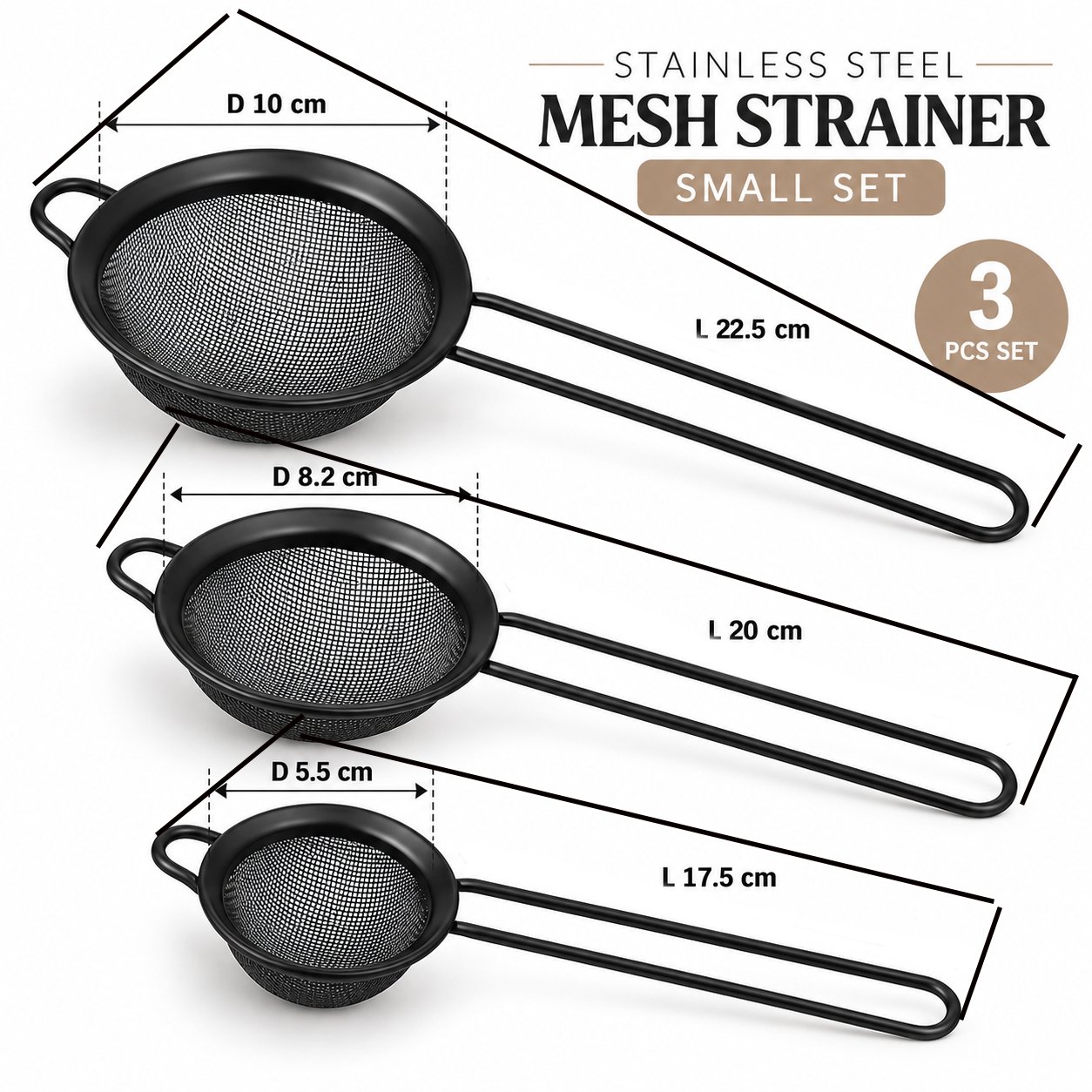 SMALL SET 3-PIECE BLACK STAINLESS STEEL MESH STRAINER - Image 2