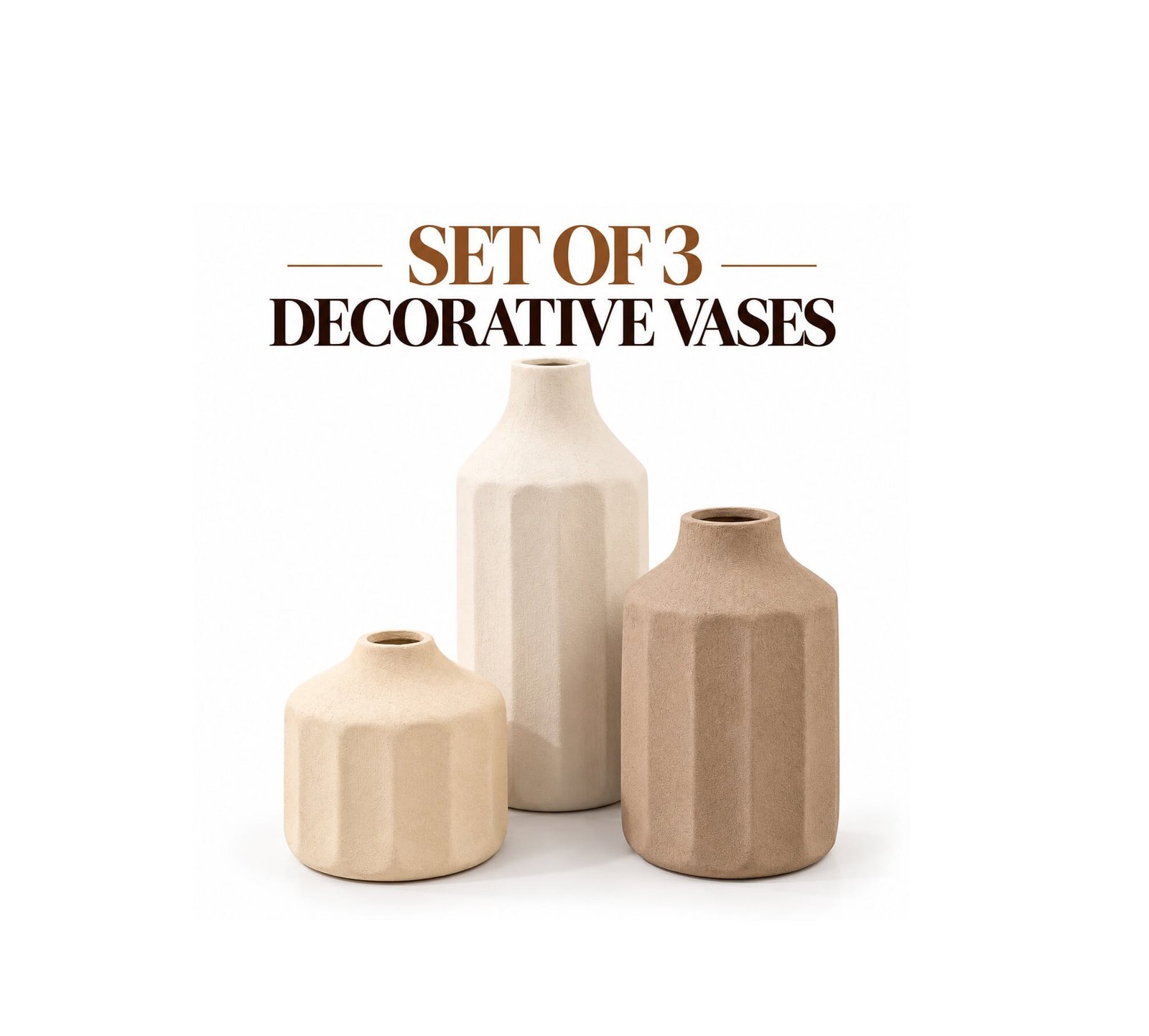 SET OF 3 DECORATIVE POTTERY VASES WITH FLUTED DESIGN