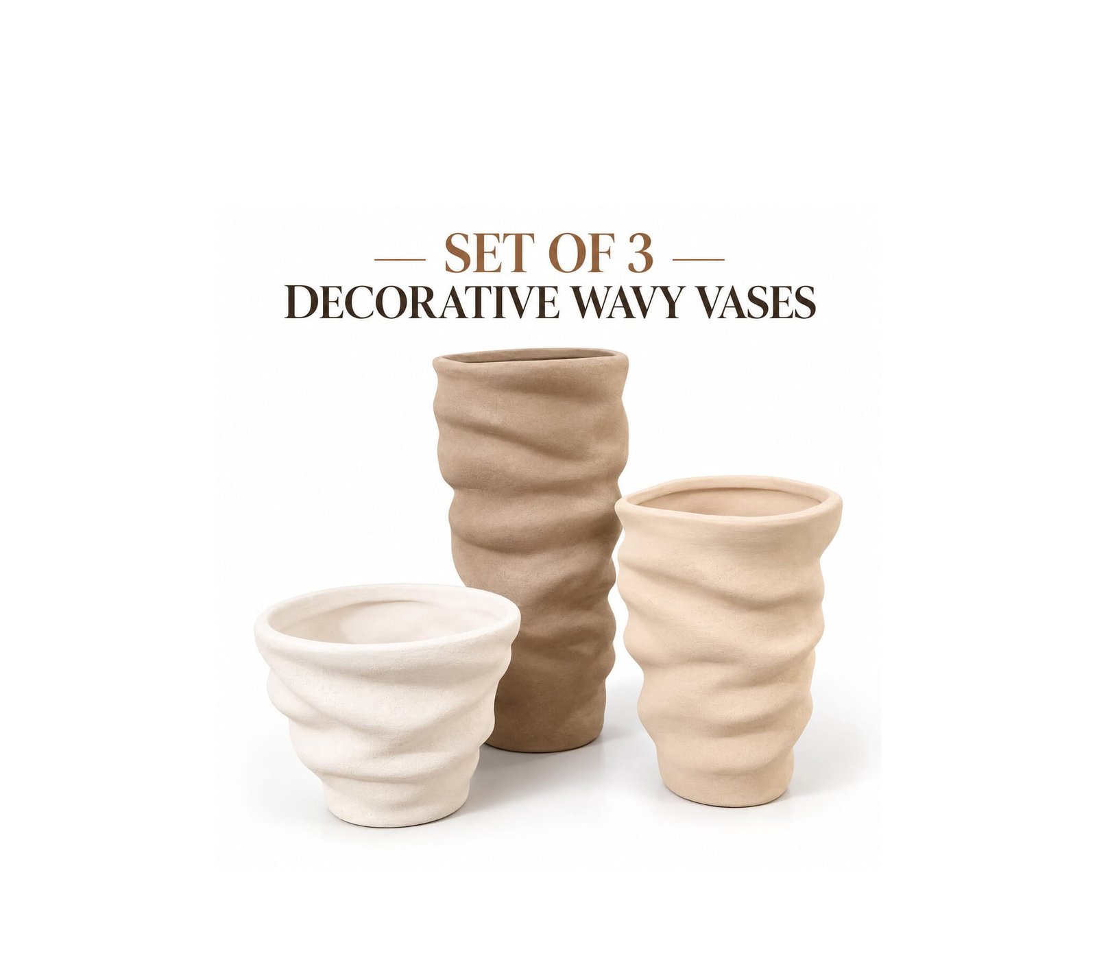SET OF 3 DECORATIVE WAVY VASES WITH MATTE FINISH