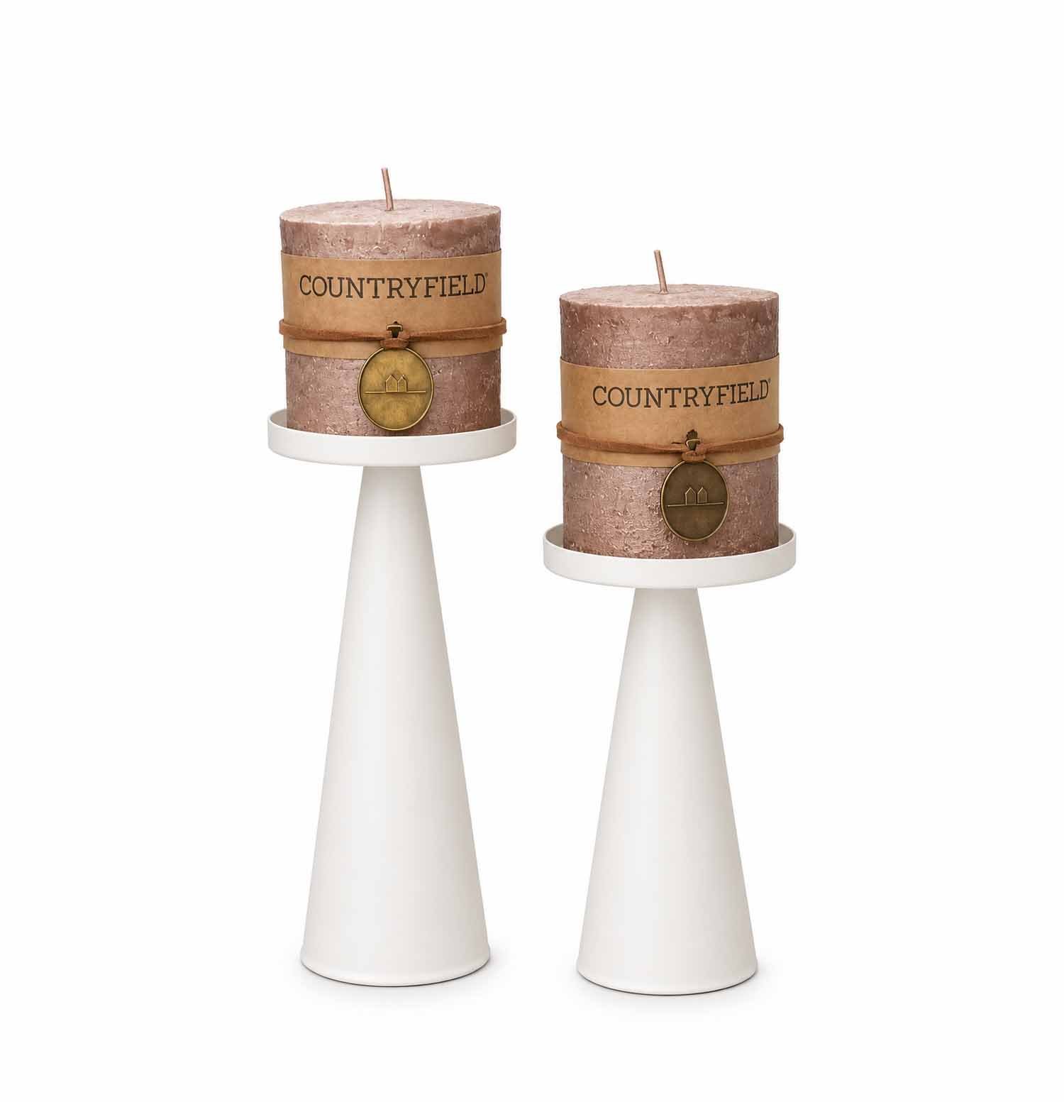WHITE METAL PILLAR CANDLE HOLDERS – SET OF 2