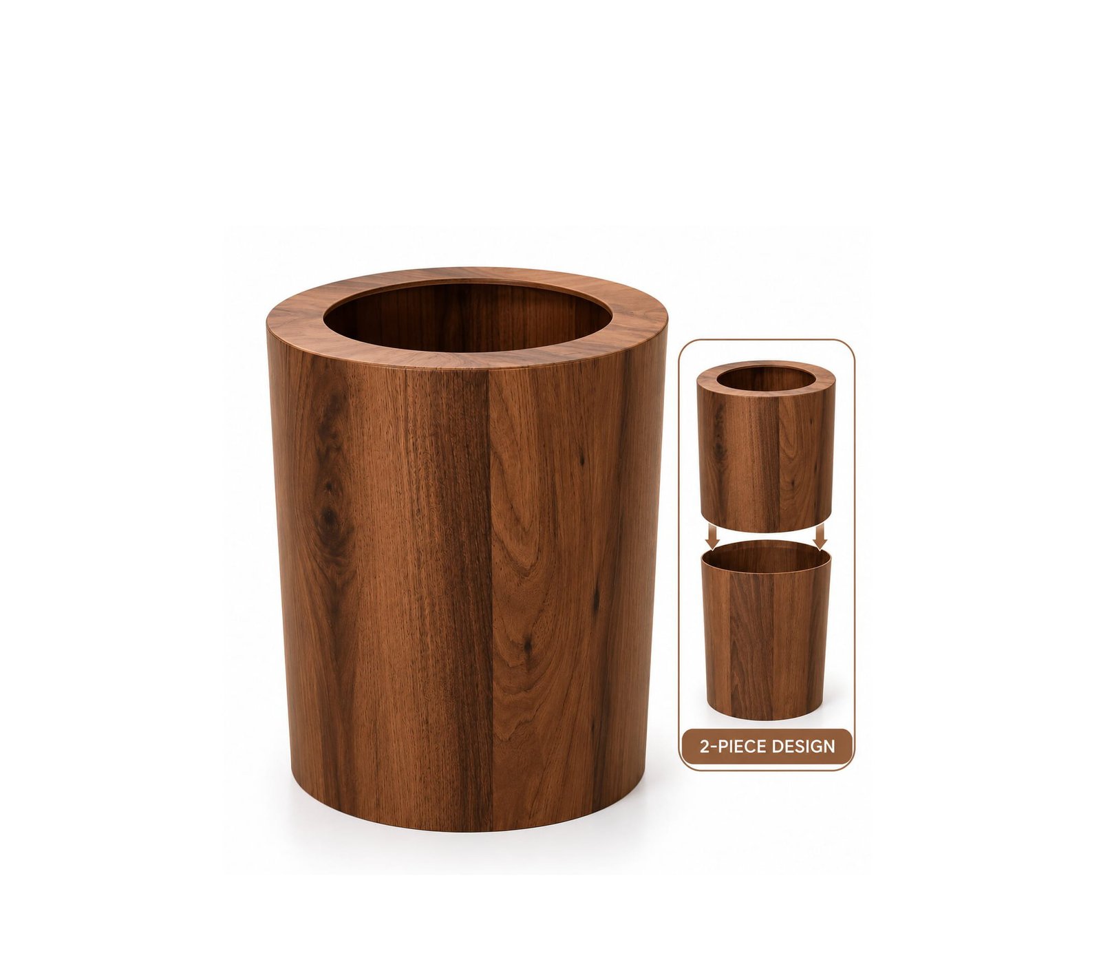 2-PIECE ROUND DARK WOOD LOOK PLASTIC WASTE BIN