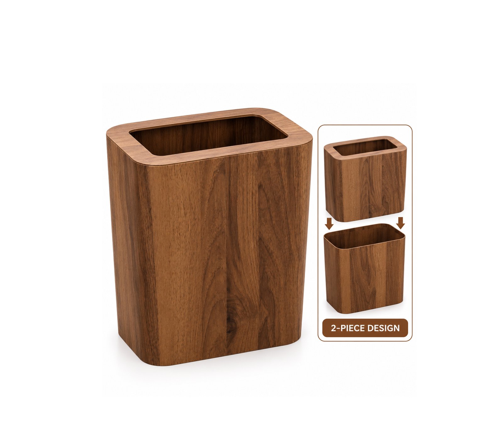 2-PIECE RECTANGULAR DARK WOOD LOOK PLASTIC WASTE BIN